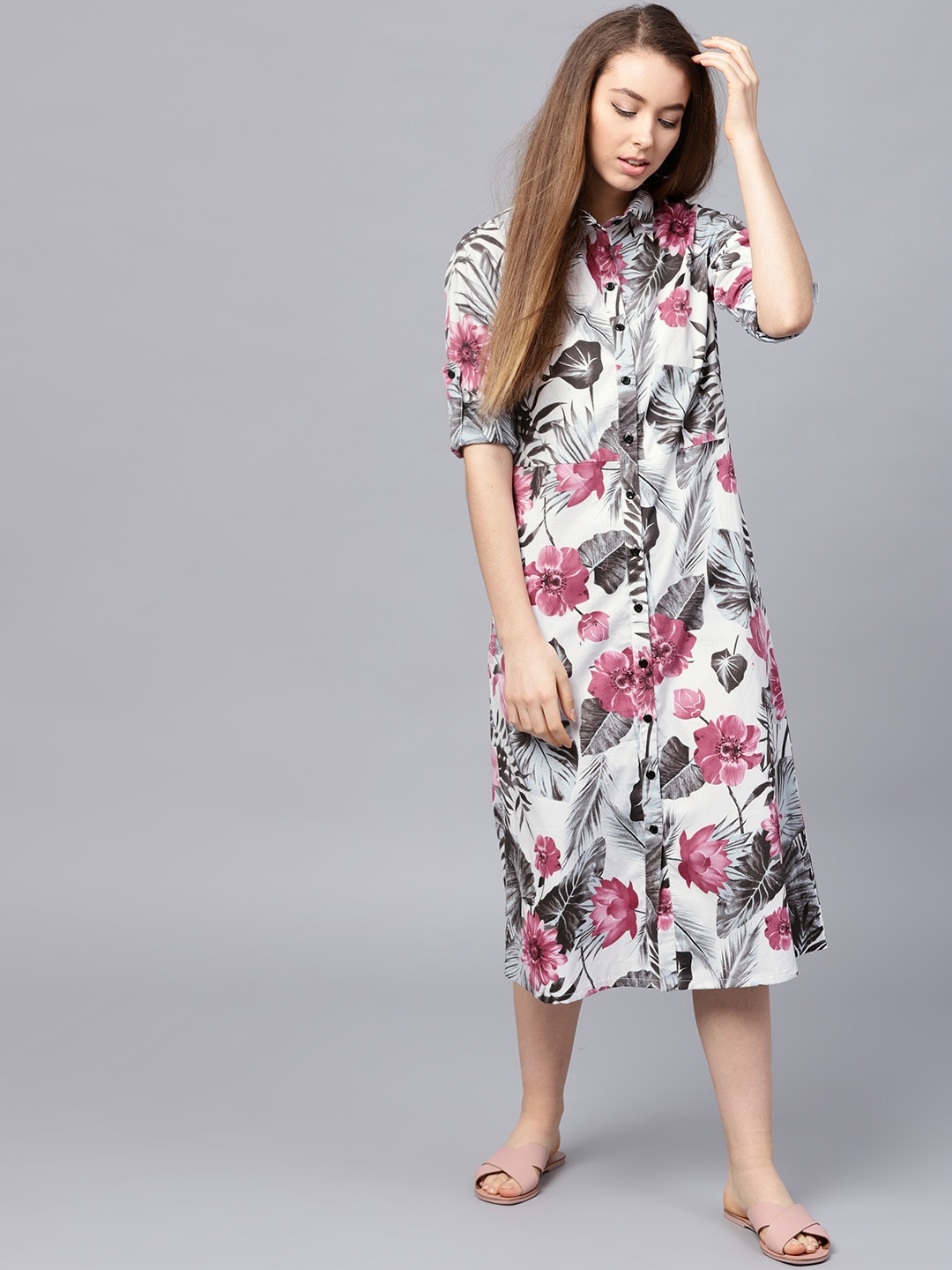 

Athena Women White & Grey Printed Shirt Dress