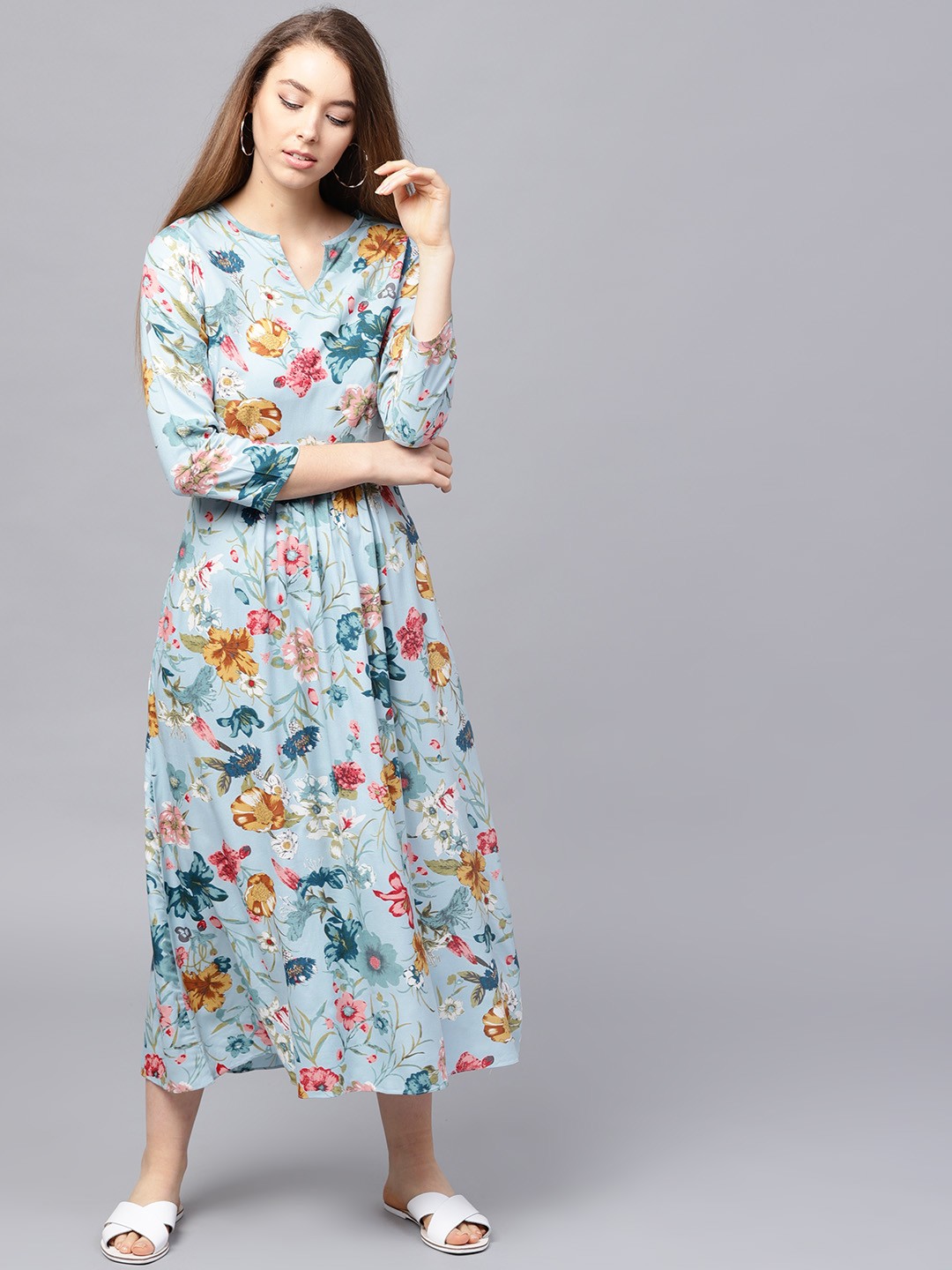 

Athena Women Blue Printed Fit and Flare Dress