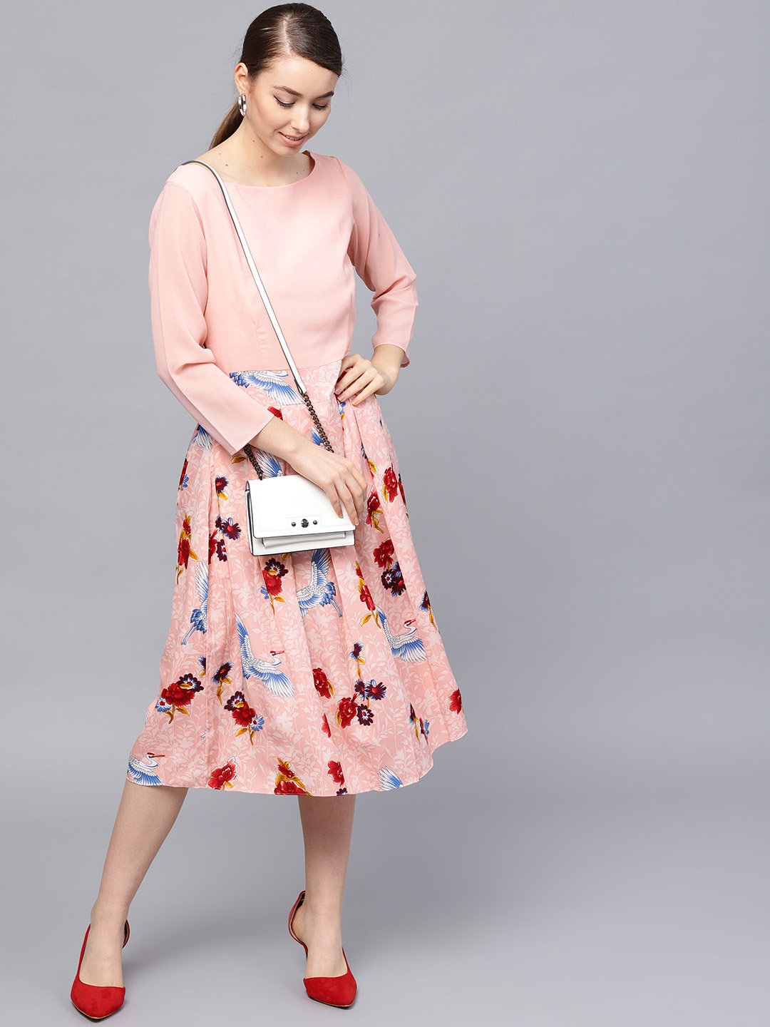 

Athena Women Peach-Coloured Printed Fit and Flare Dress