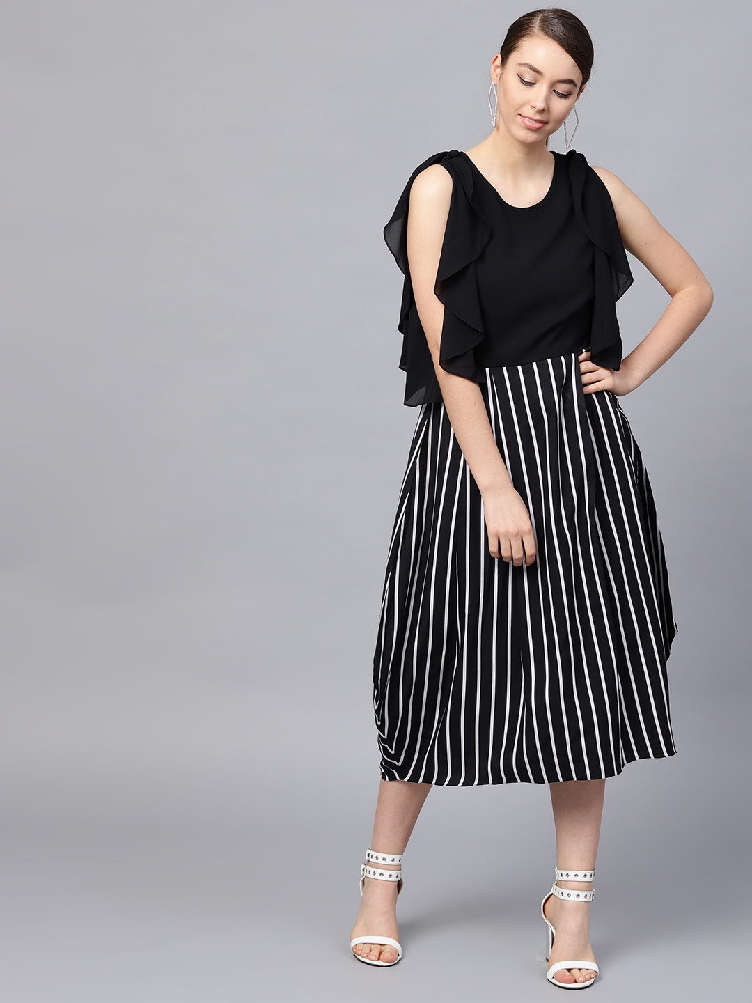 

Athena Women Black Striped Fit and Flare Dress