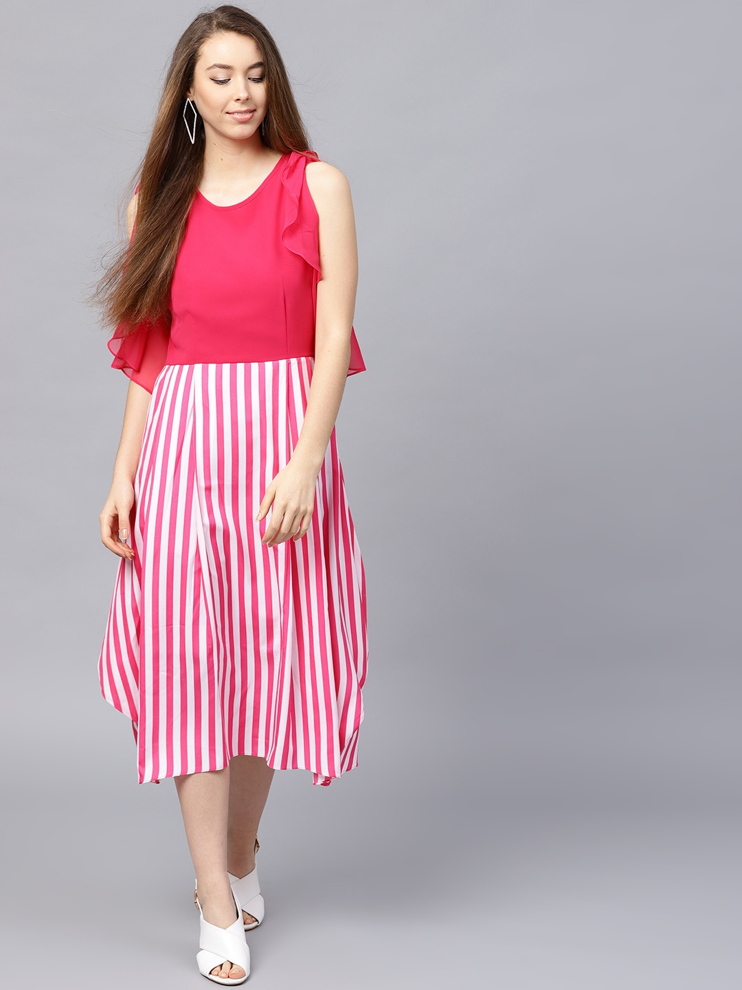 

Athena Women Fuchsia & White Striped Fit and Flare Dress