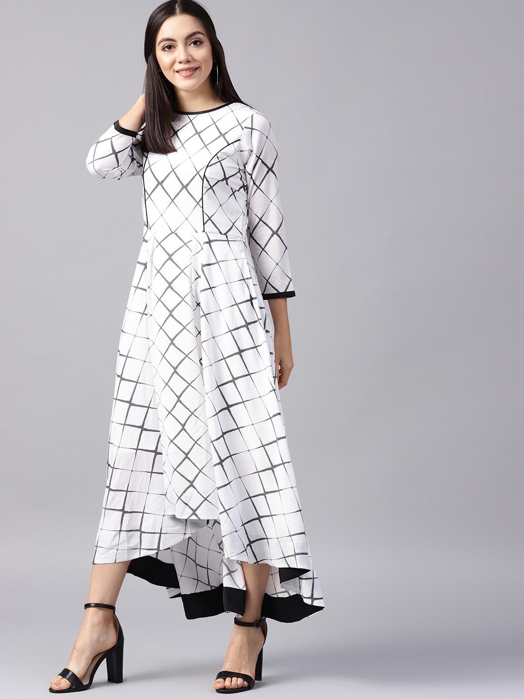 

Athena Women White & Charcoal Grey Checked Maxi Dress