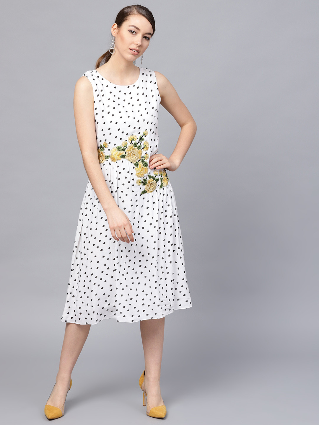 

Athena Women White & Black Polka Dot Fit and Flare Dress