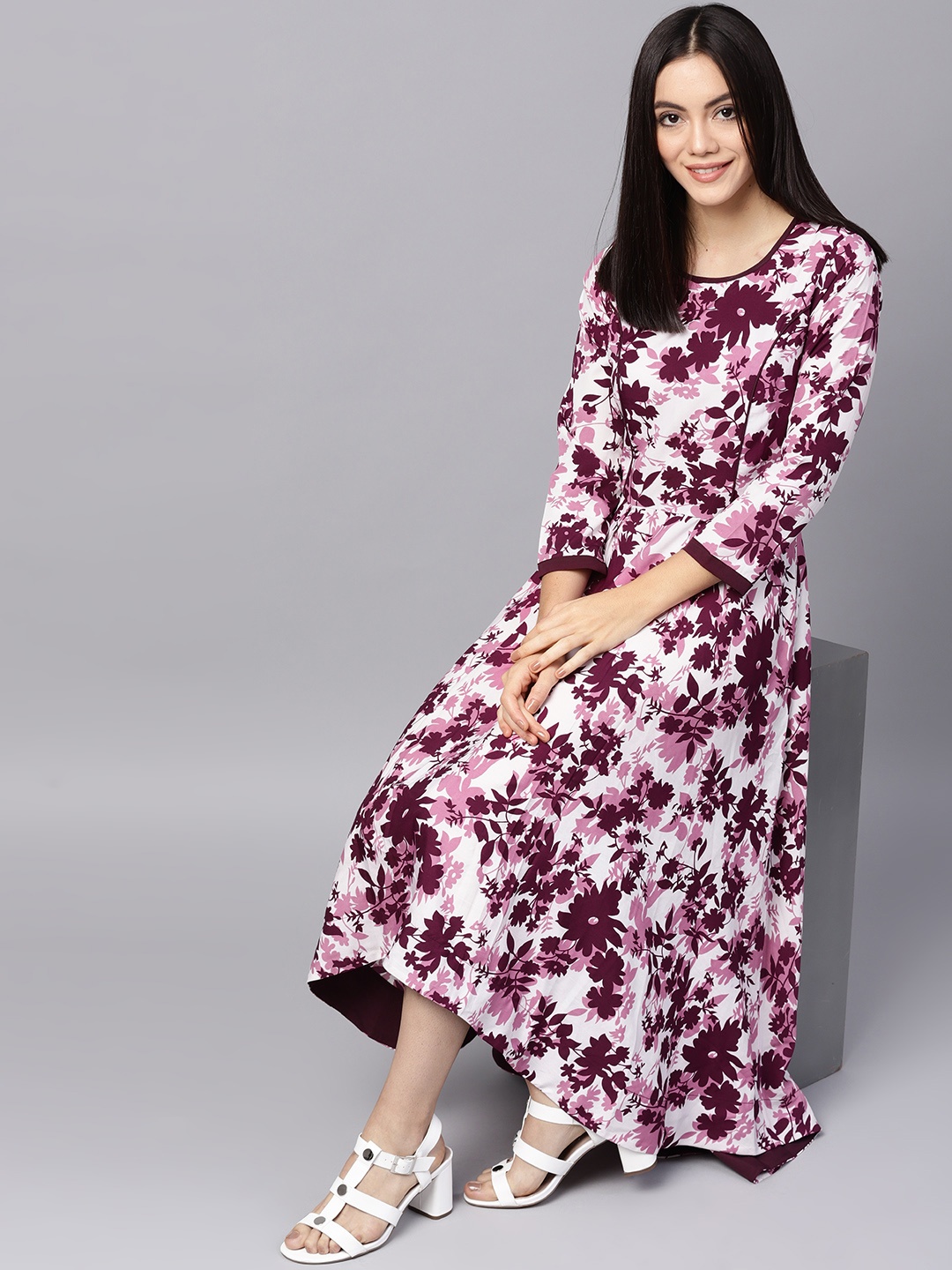 

Athena Women White & Burgundy Printed Maxi Dress
