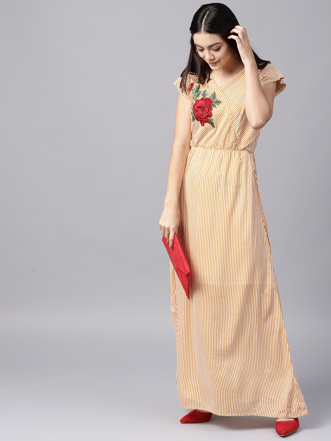 

Athena Women Mustard Yellow & Off-White Striped Maxi Dress