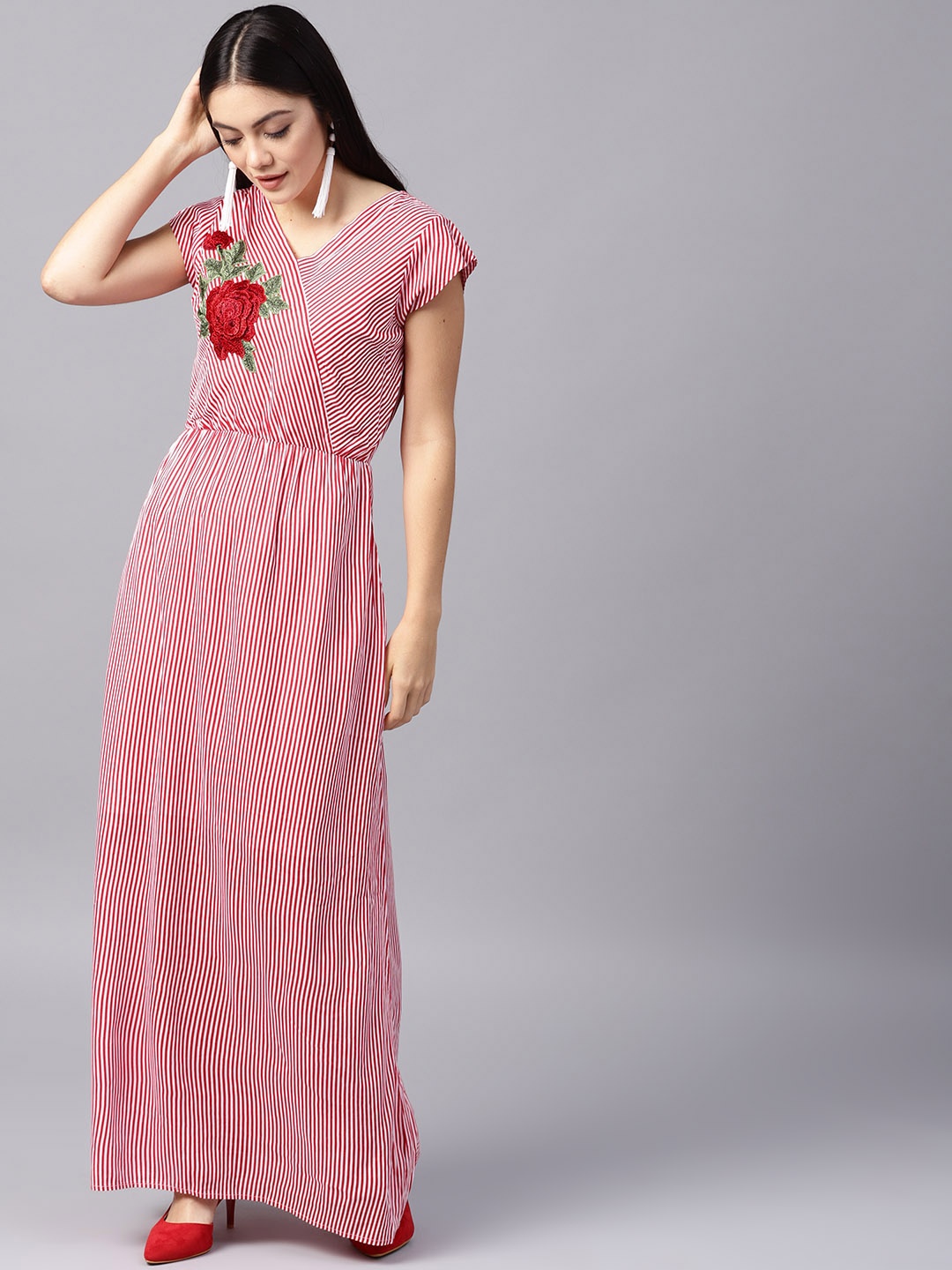 

Athena Women Red & White Striped Maxi Dress