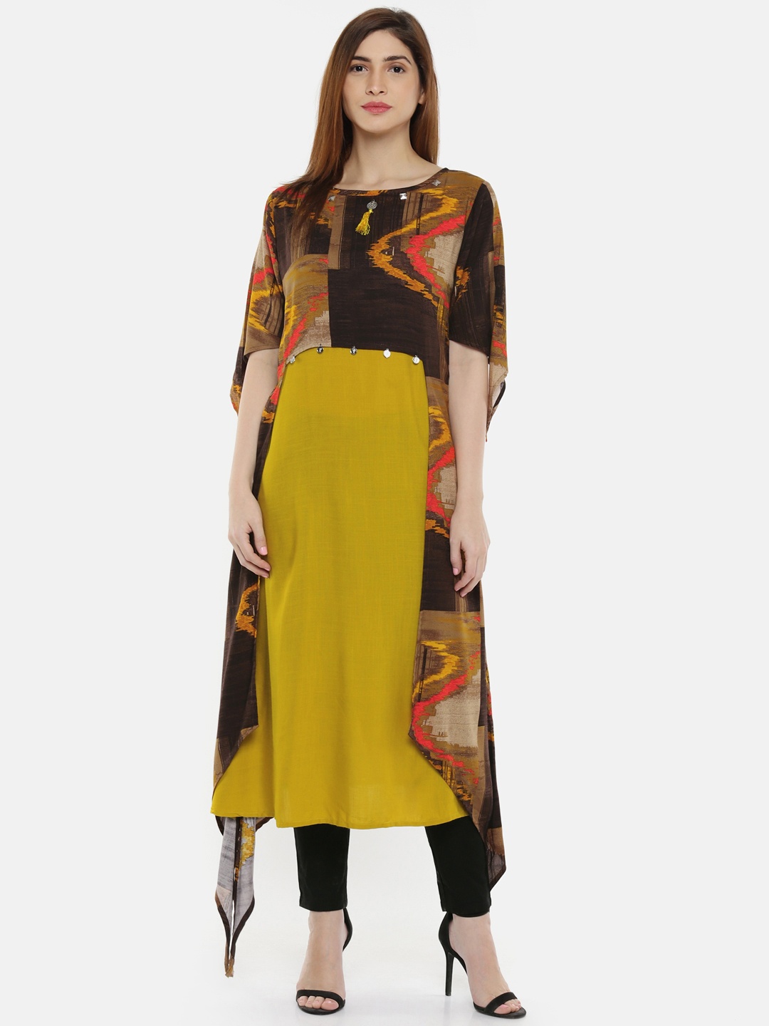 

shiloh Women Mustard & Brown Printed Straight Kurta
