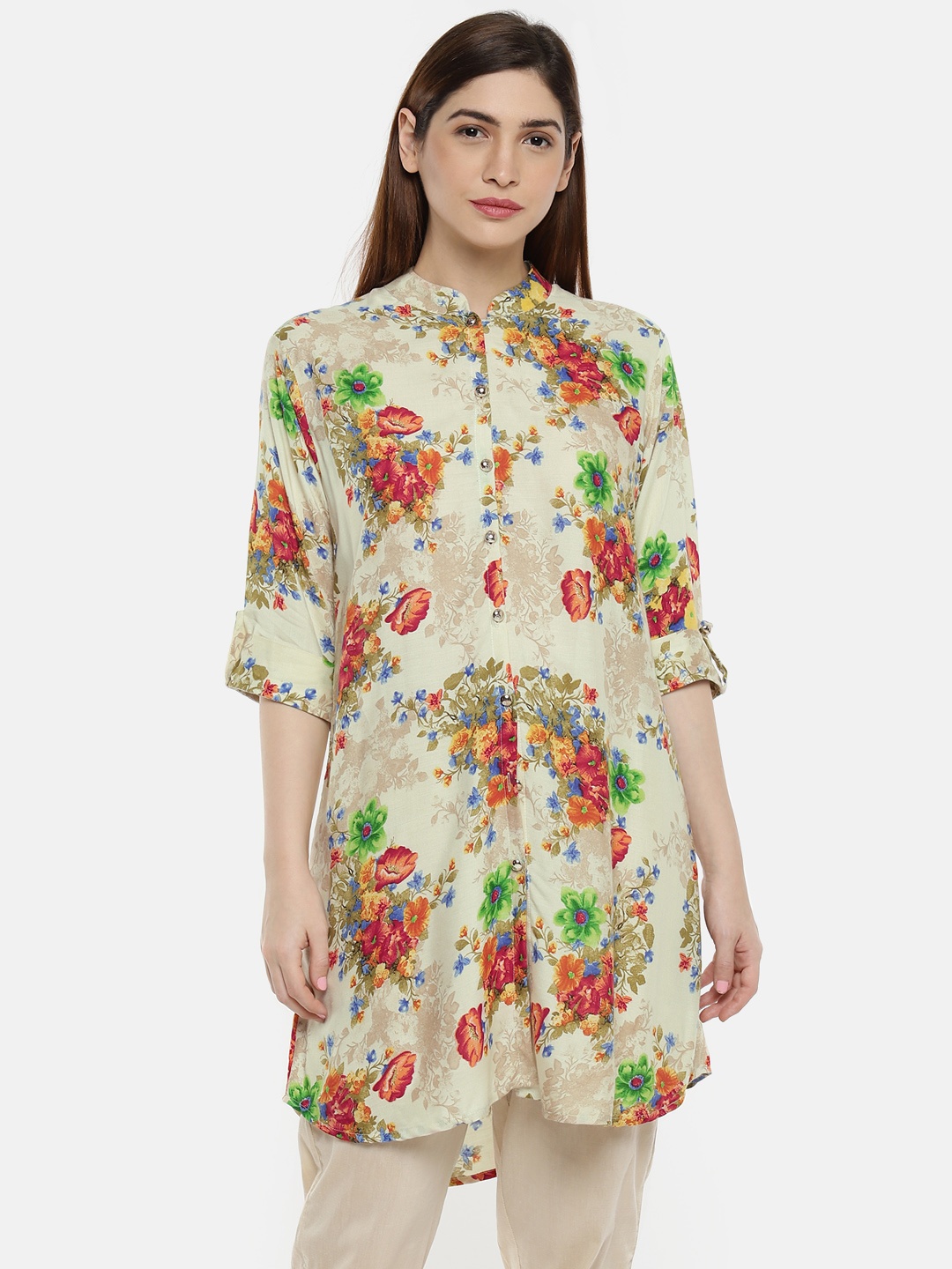 

shiloh Women Beige & Green Printed A-Line Kurti