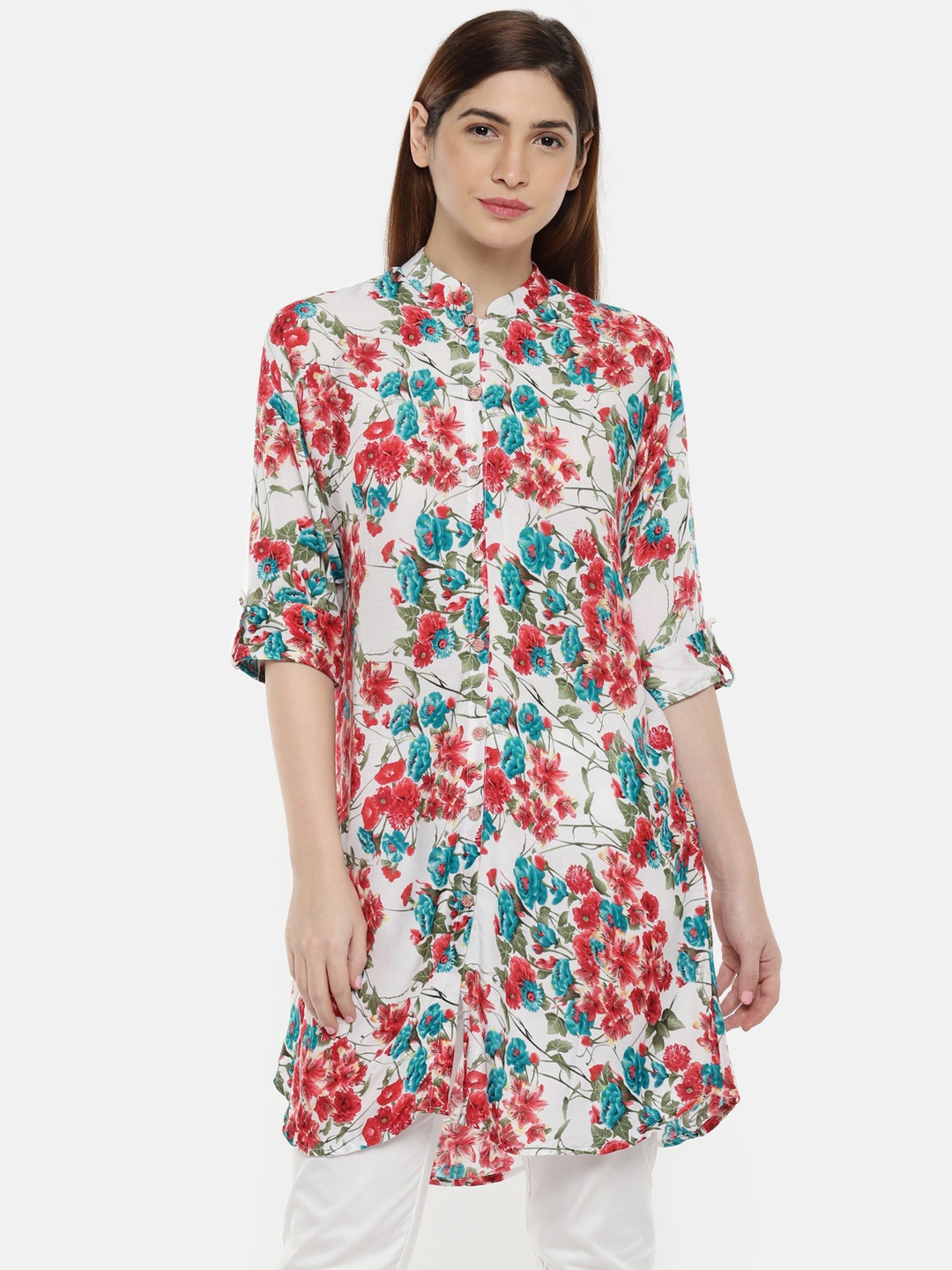 

shiloh Women White & Green Printed A-Line Kurti
