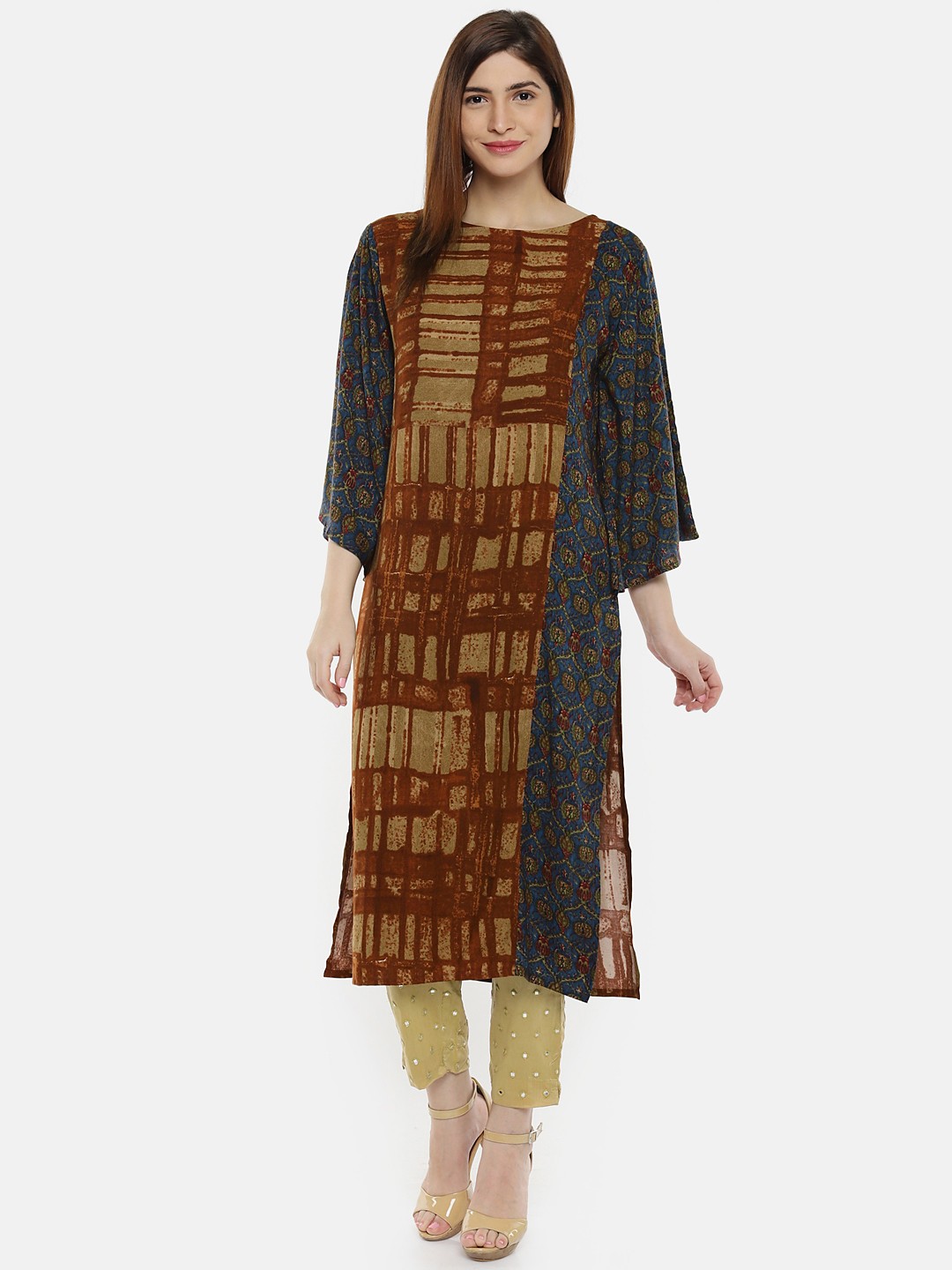 

shiloh Women Brown & Blue Printed Straight Kurta