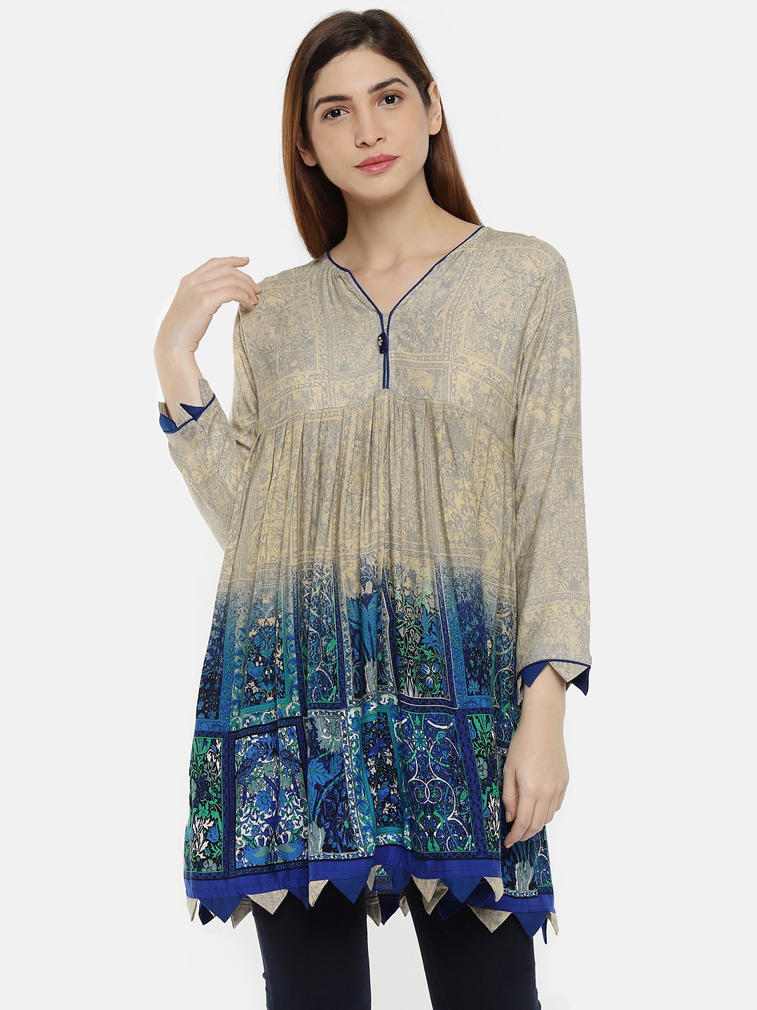 

Shiloh Women Beige & Blue Printed Kurti