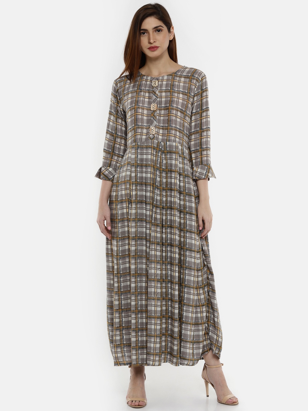 

shiloh Women Cream-Coloured & Off-White Checked A-Line Kurta