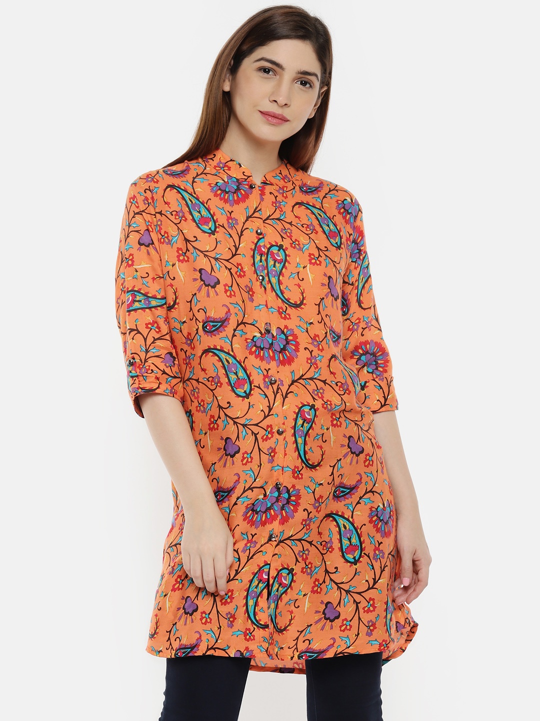 

shiloh Women Orange & Blue Printed A-Line Kurti