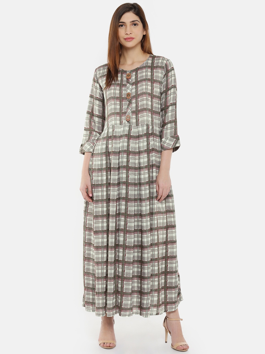 

shiloh Women Cream-Coloured & Brown Checked A-Line Kurta