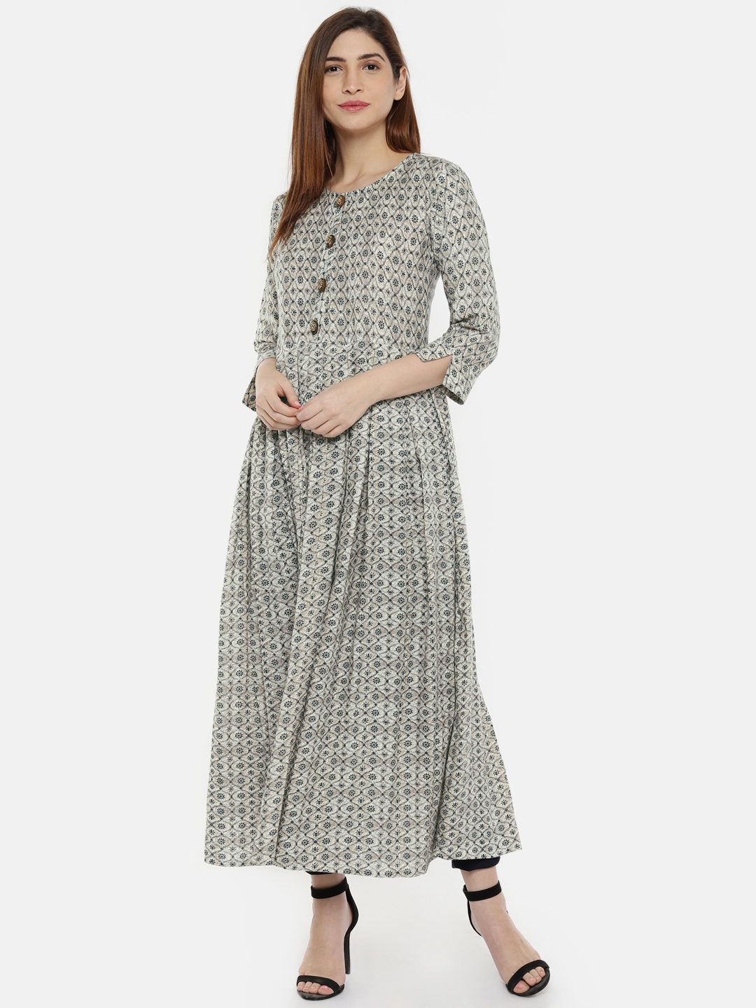 

shiloh Women Cream-Coloured & Teal Printed A-Line Kurta