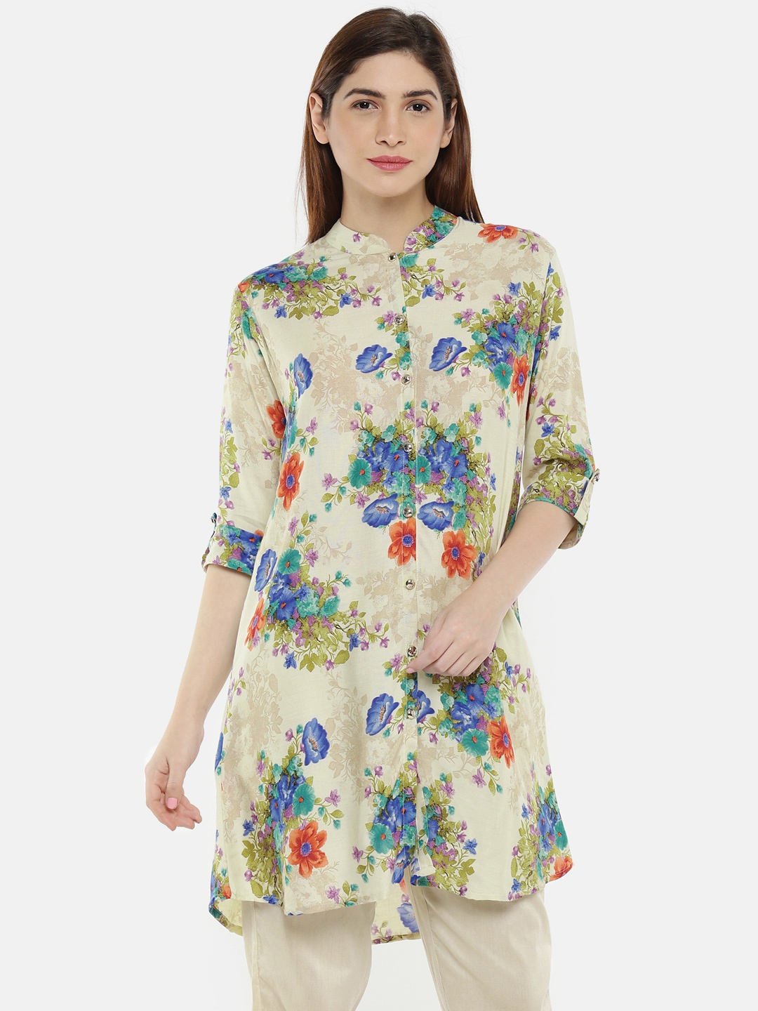 

shiloh Women Cream & Blue Printed A-Line Kurti