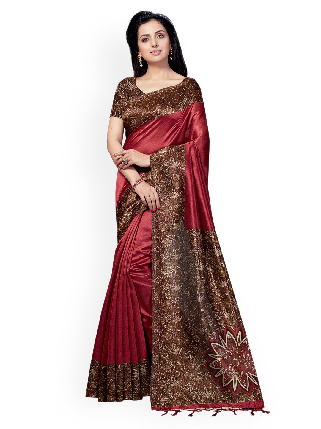 Ishin Maroon Printed Poly Silk Saree
