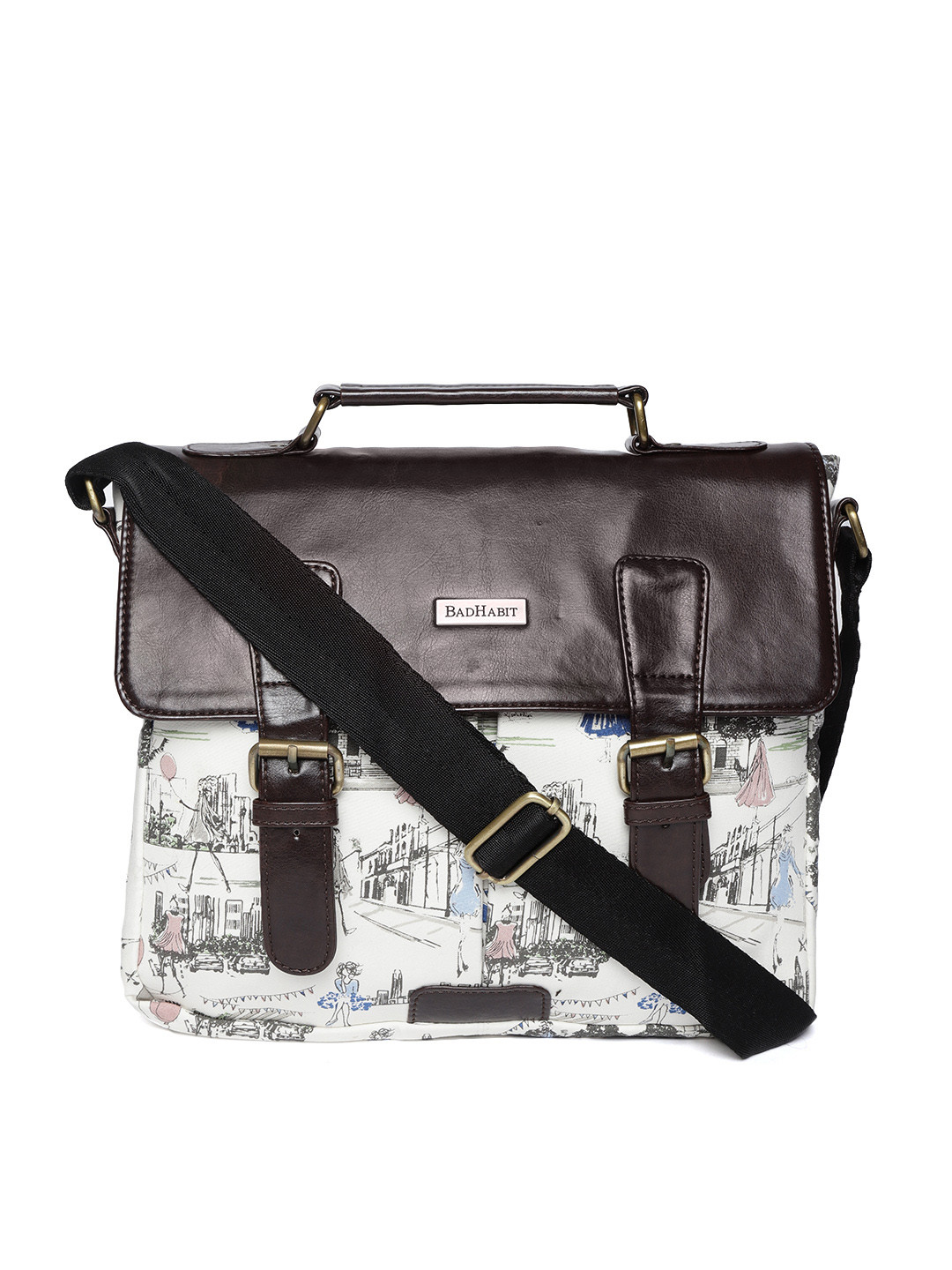 

BAD HABIT Men Off-White & Coffee Brown Printed Messenger Bag