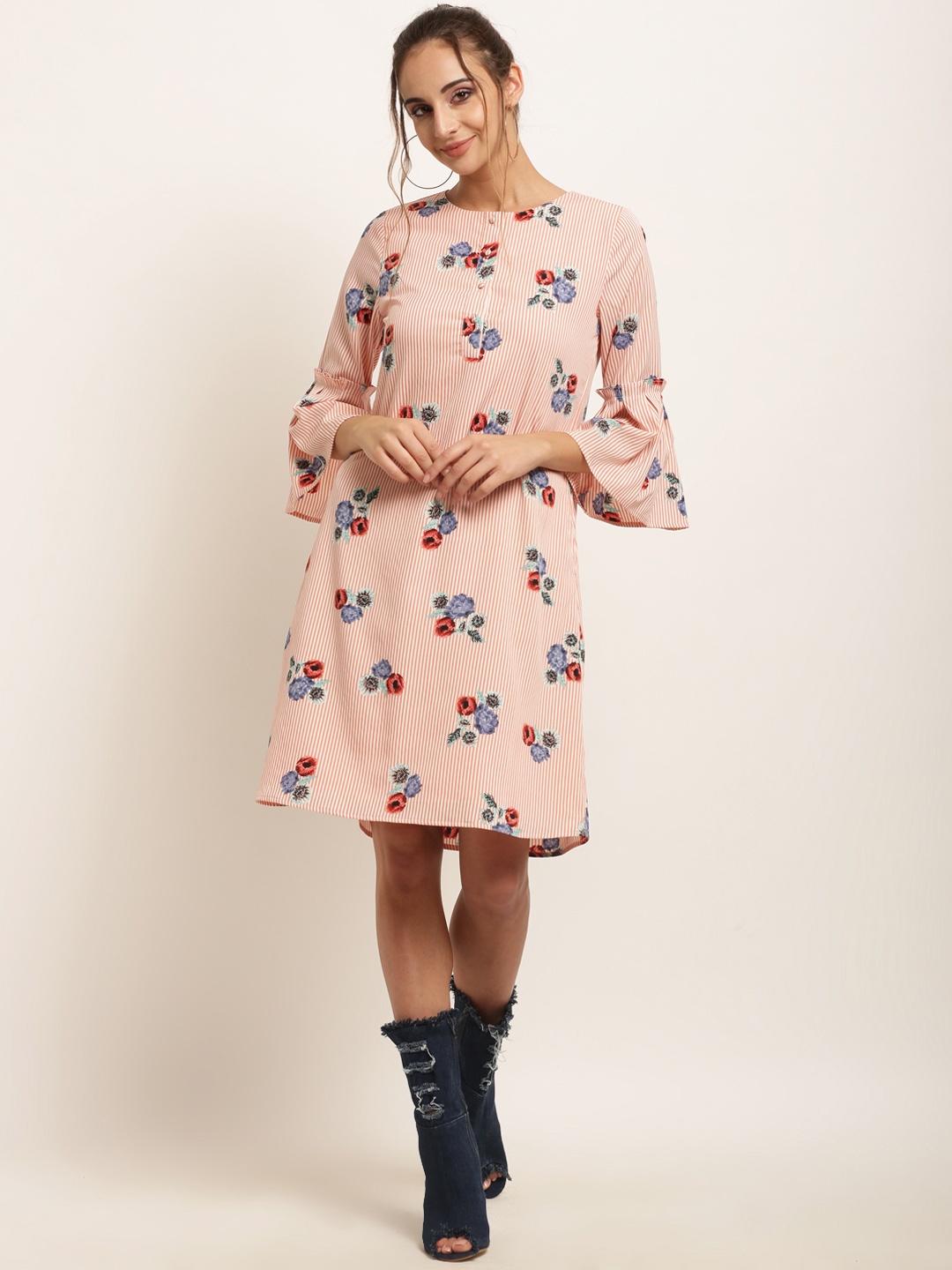 

RARE Women Peach-Coloured Printed A-Line Dress