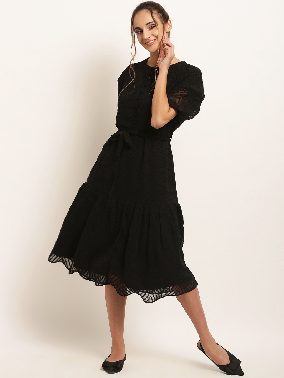 

RARE Black Lace Belted Tiered Midi Dress