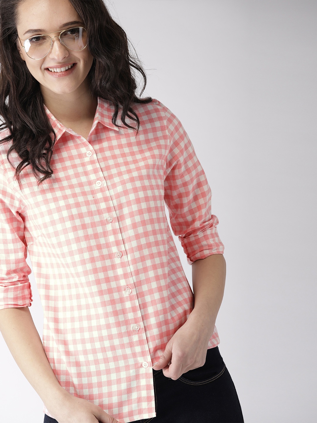 

Mast & Harbour Women Pink & White Checked Casual Shirt