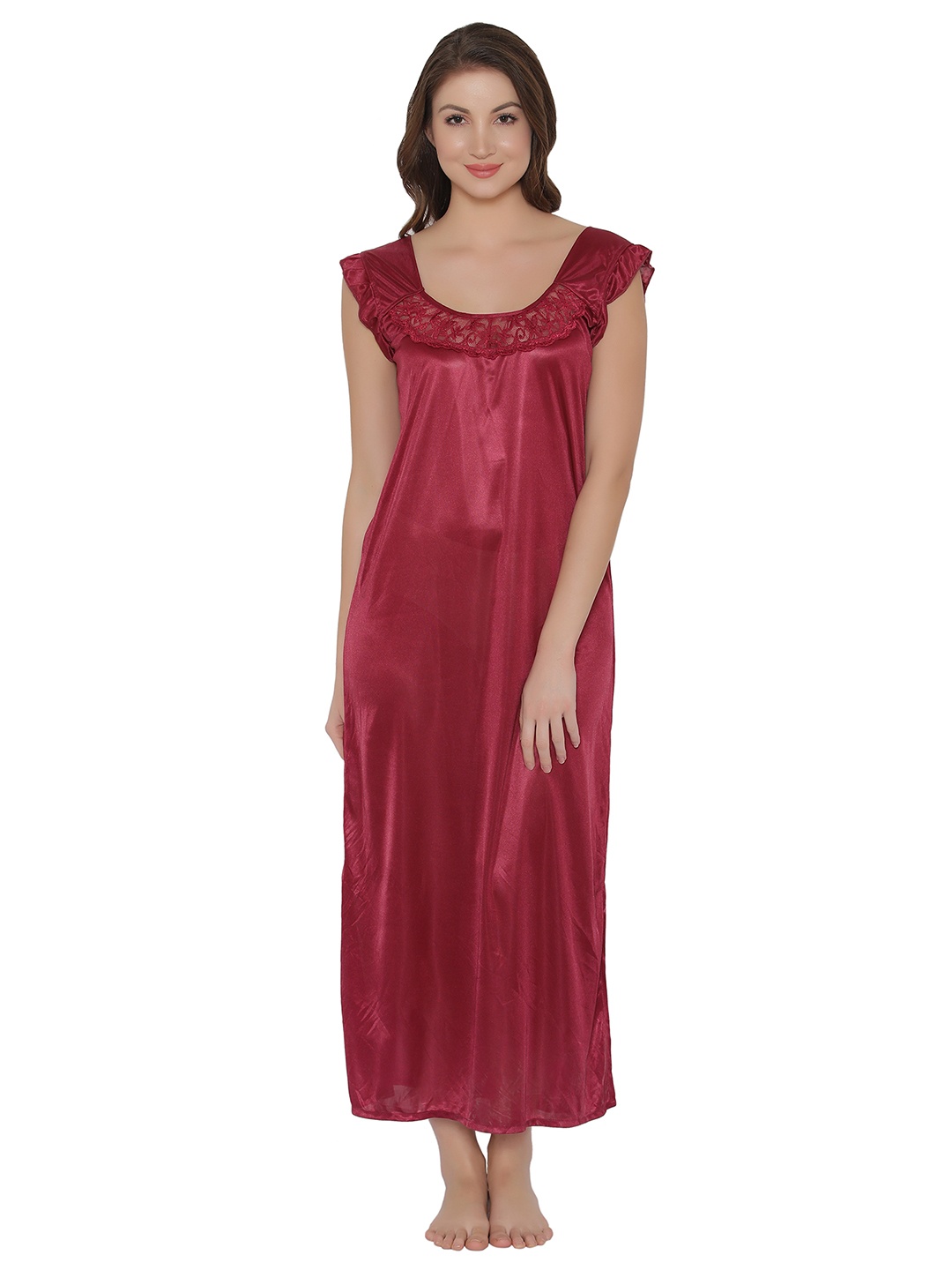 

Clovia Women Burgundy Solid Lace Maxi Nightdress