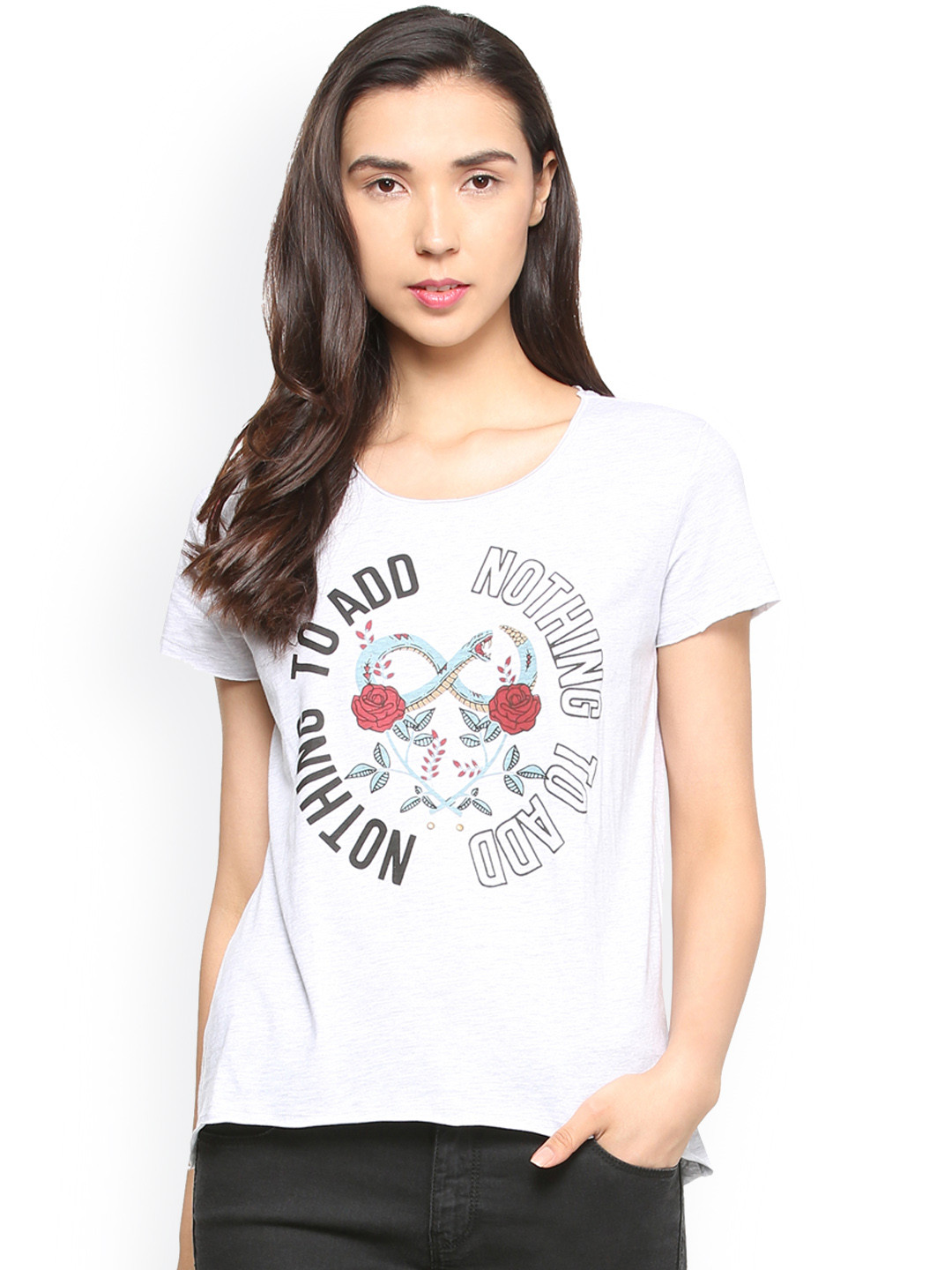 

People Women White Printed Round Neck T-shirt