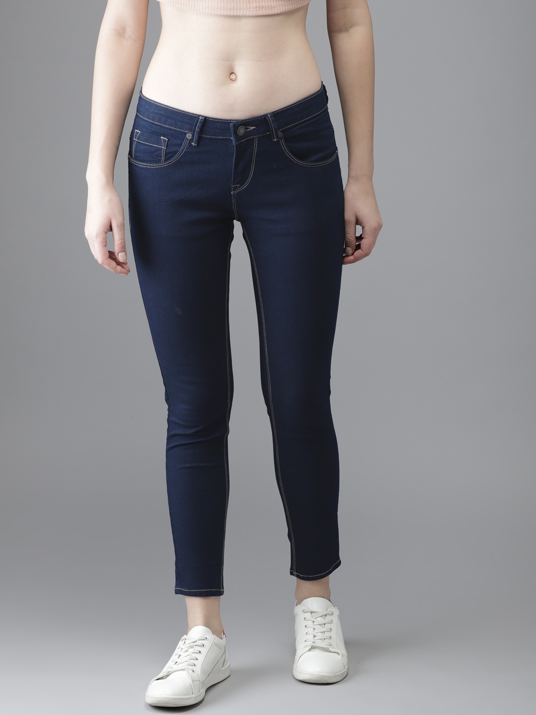 

HERE&NOW Women Navy Blue Skinny Fit Mid-Rise Clean Look Stretchable Cropped Jeans