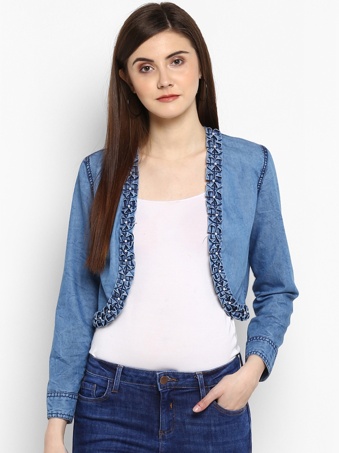 

StyleStone Blue Self Design Open Front Denim Shrug