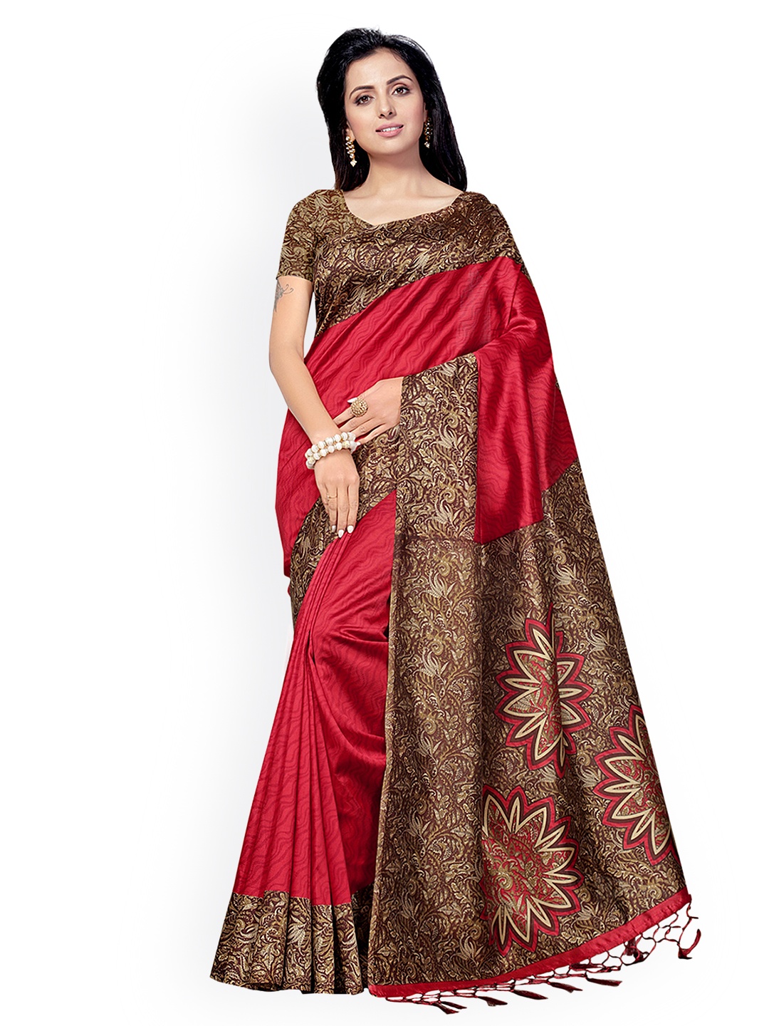 

Ishin Red Poly Silk Solid Saree