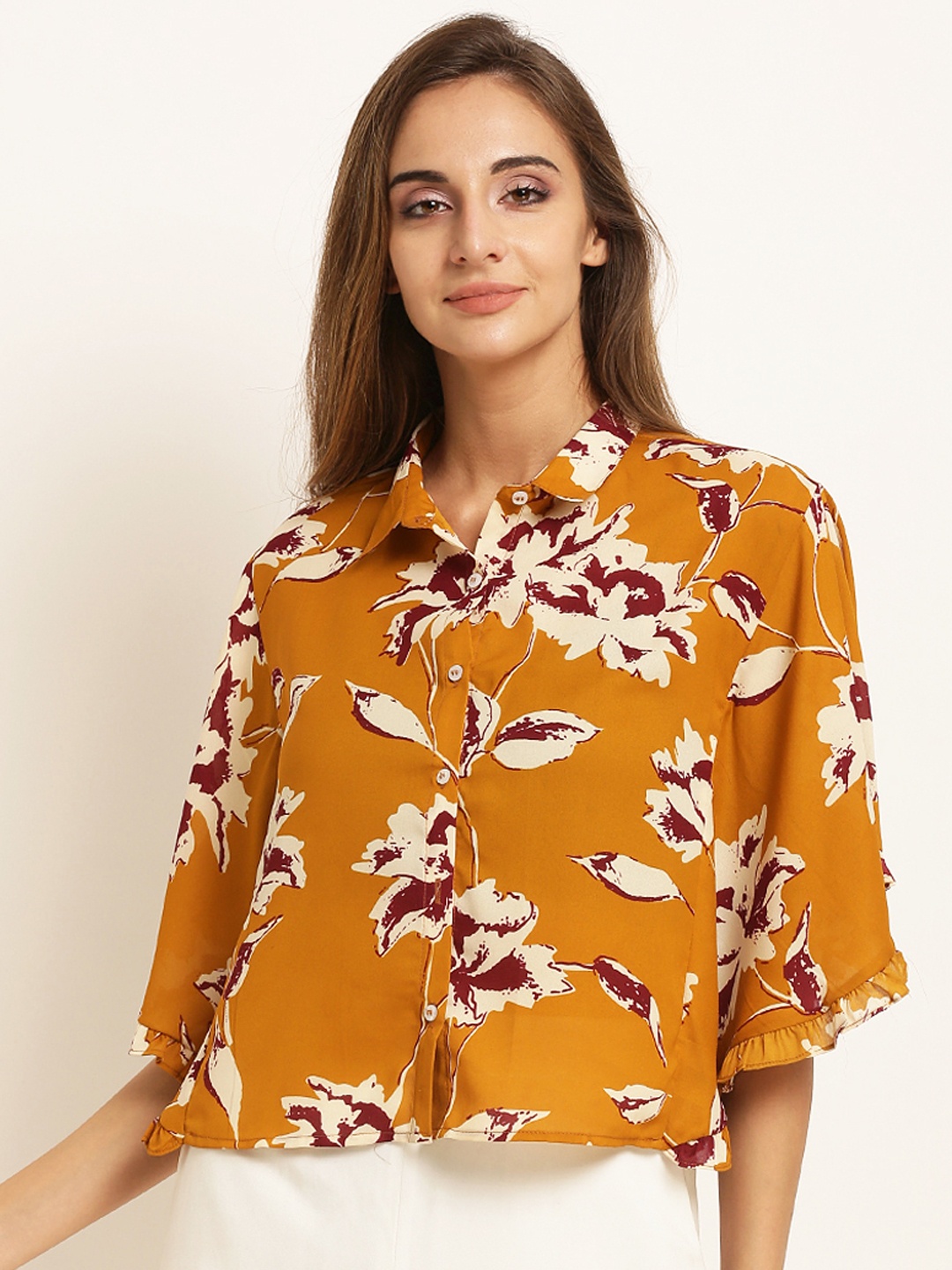 

RARE Women Mustard Floral Print Shirt Style Top