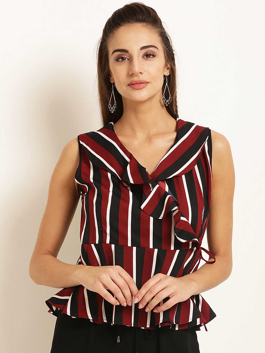 

RARE Women Brown Striped Peplum Top