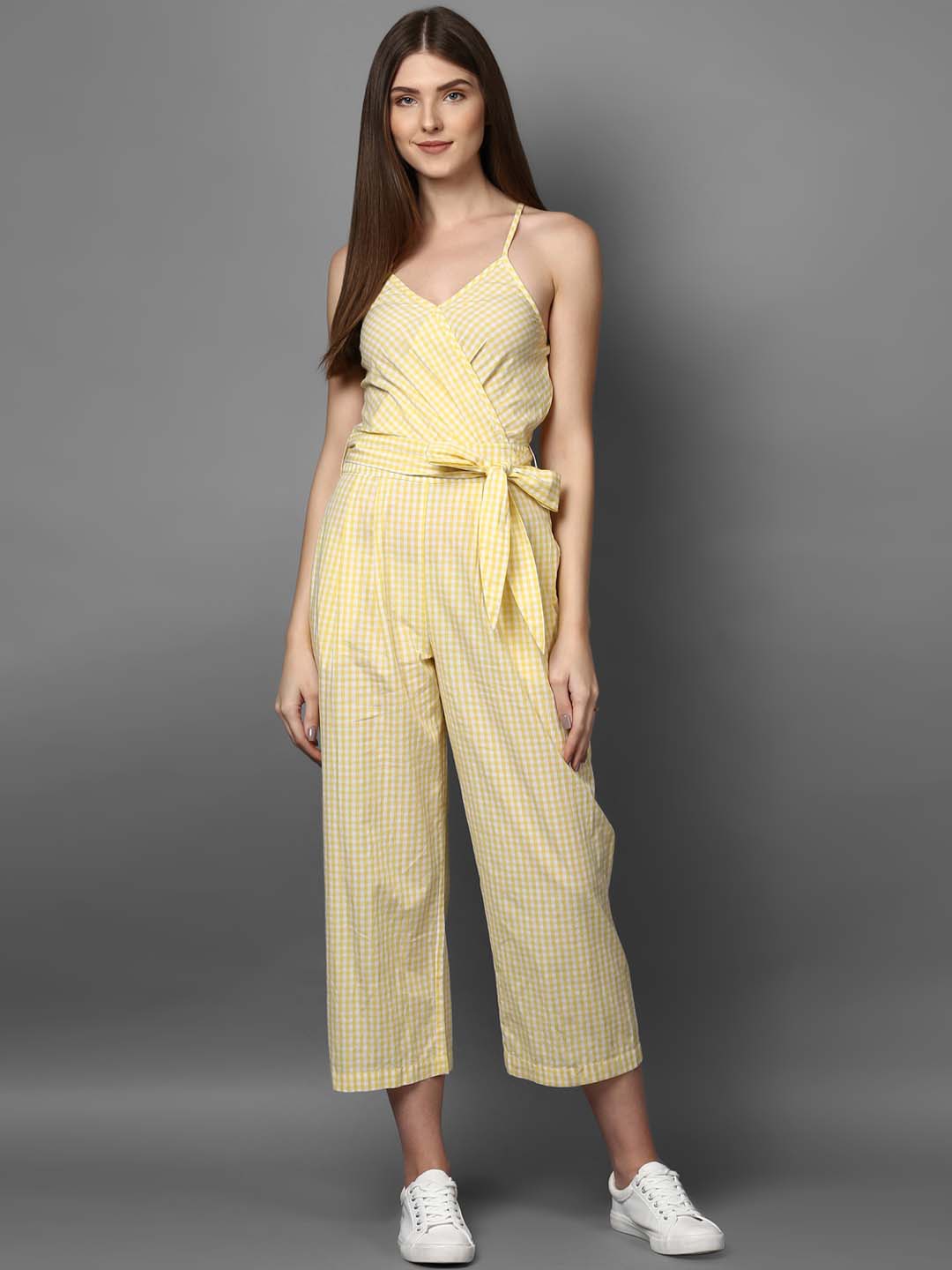 

STREET 9 Yellow & White Checked Basic Jumpsuit