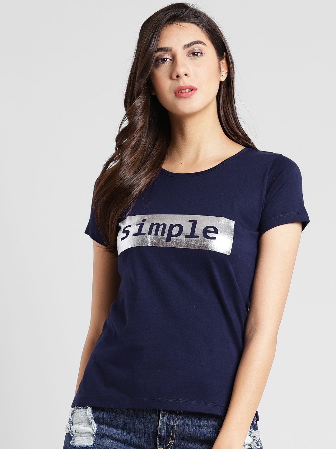 

plusS Women Navy Blue Printed Round Neck T-shirt