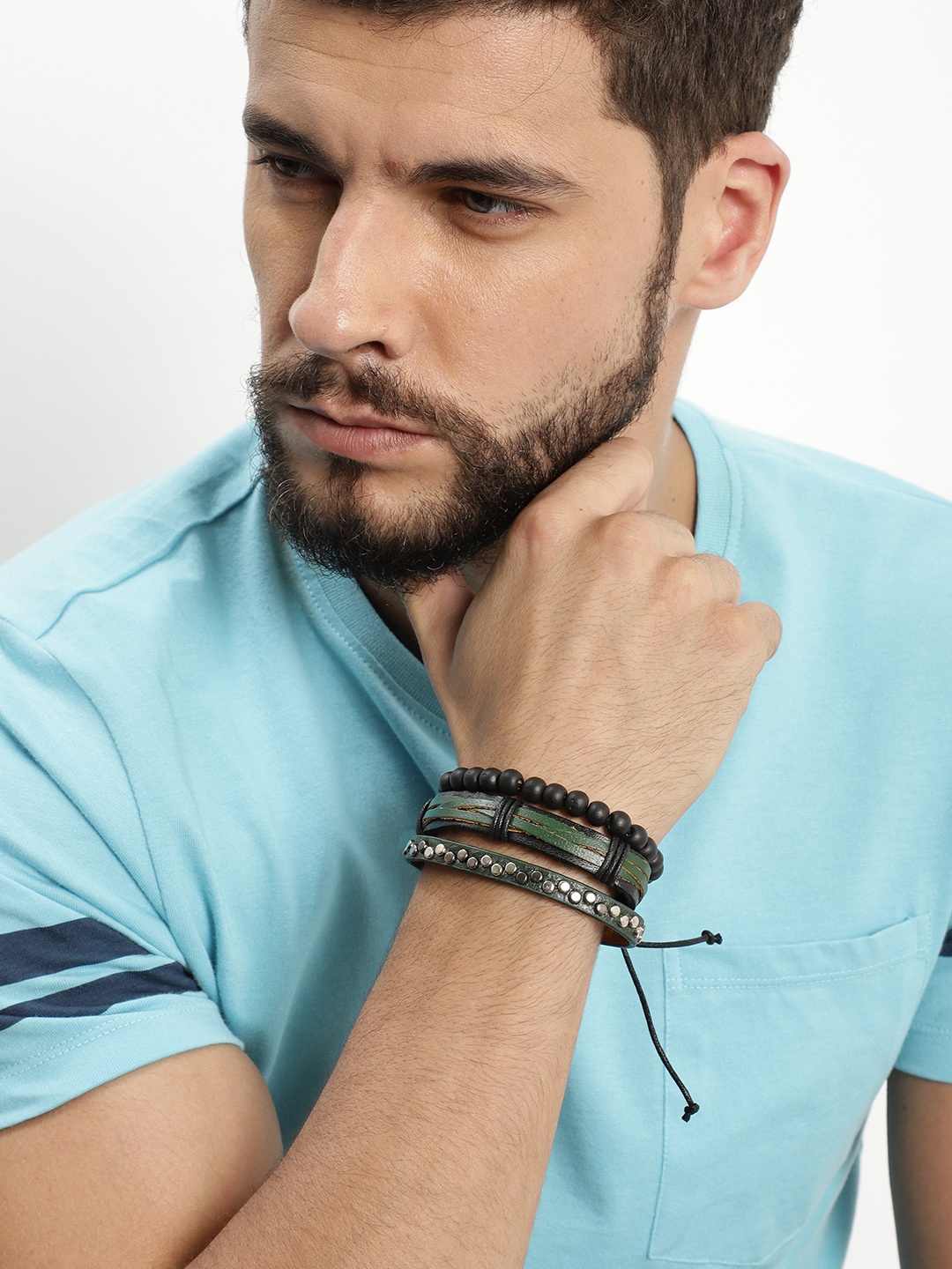 

UNKNOWN by Ayesha Men Set of 3 Black Braided & Studded Multi-layer Bracelet Set