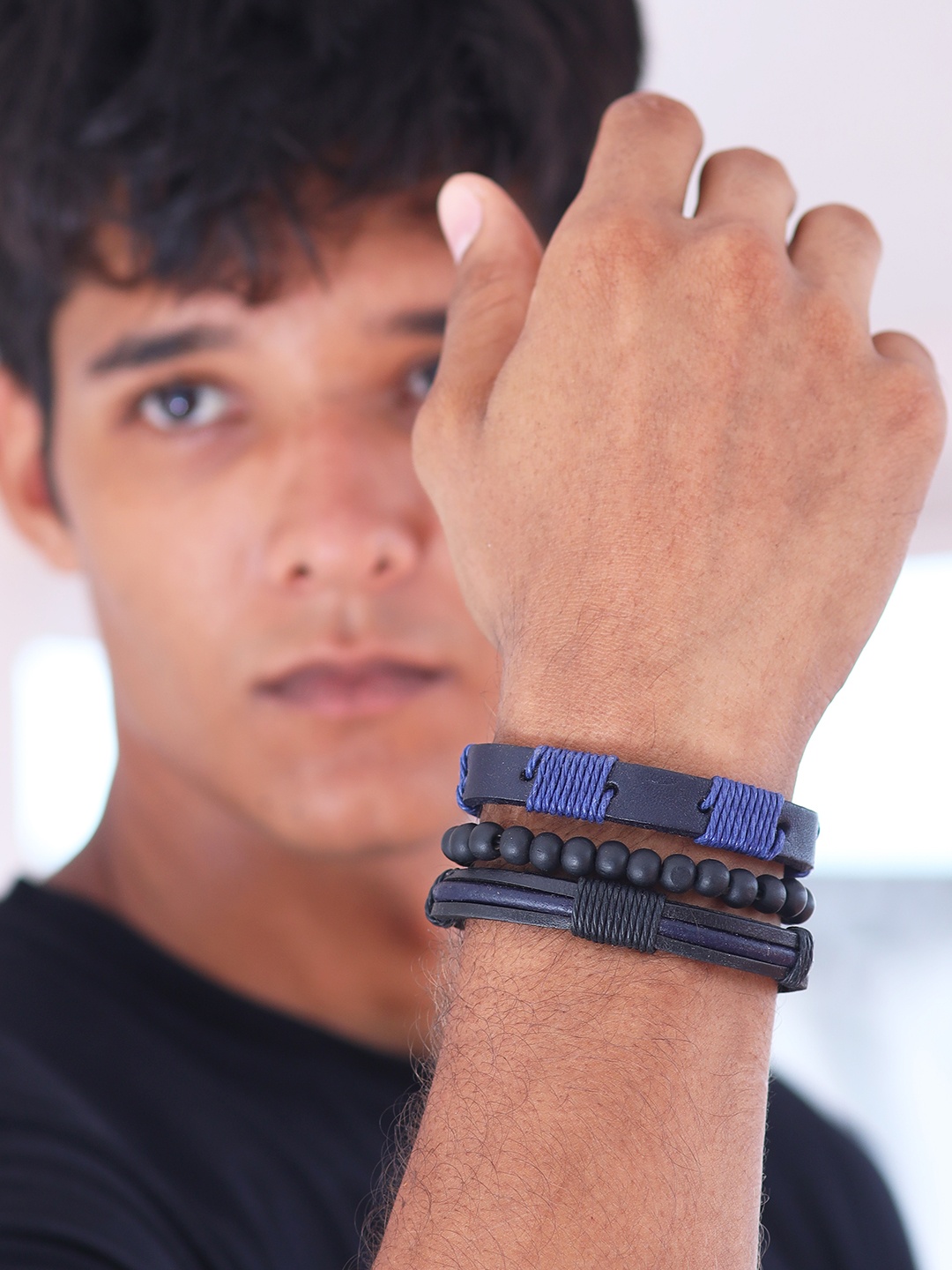 

UNKNOWN by Ayesha Men Set of 3 Black & Navy Blue Bracelets