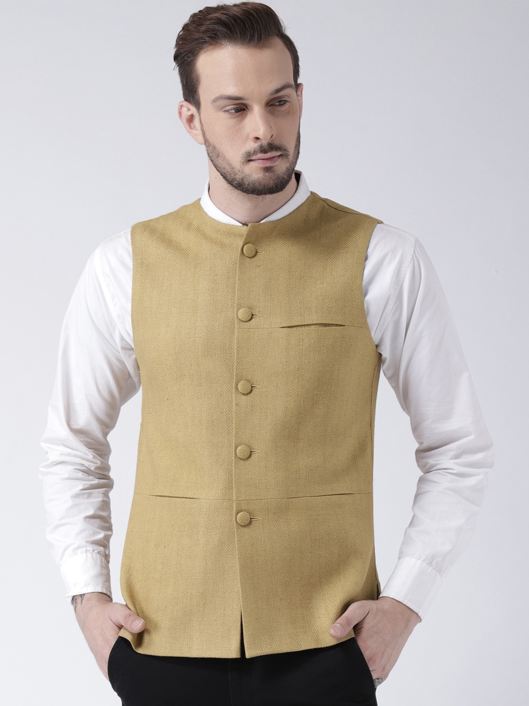 

Kisah Beige Bhagalpur Silk Nehru Jacket