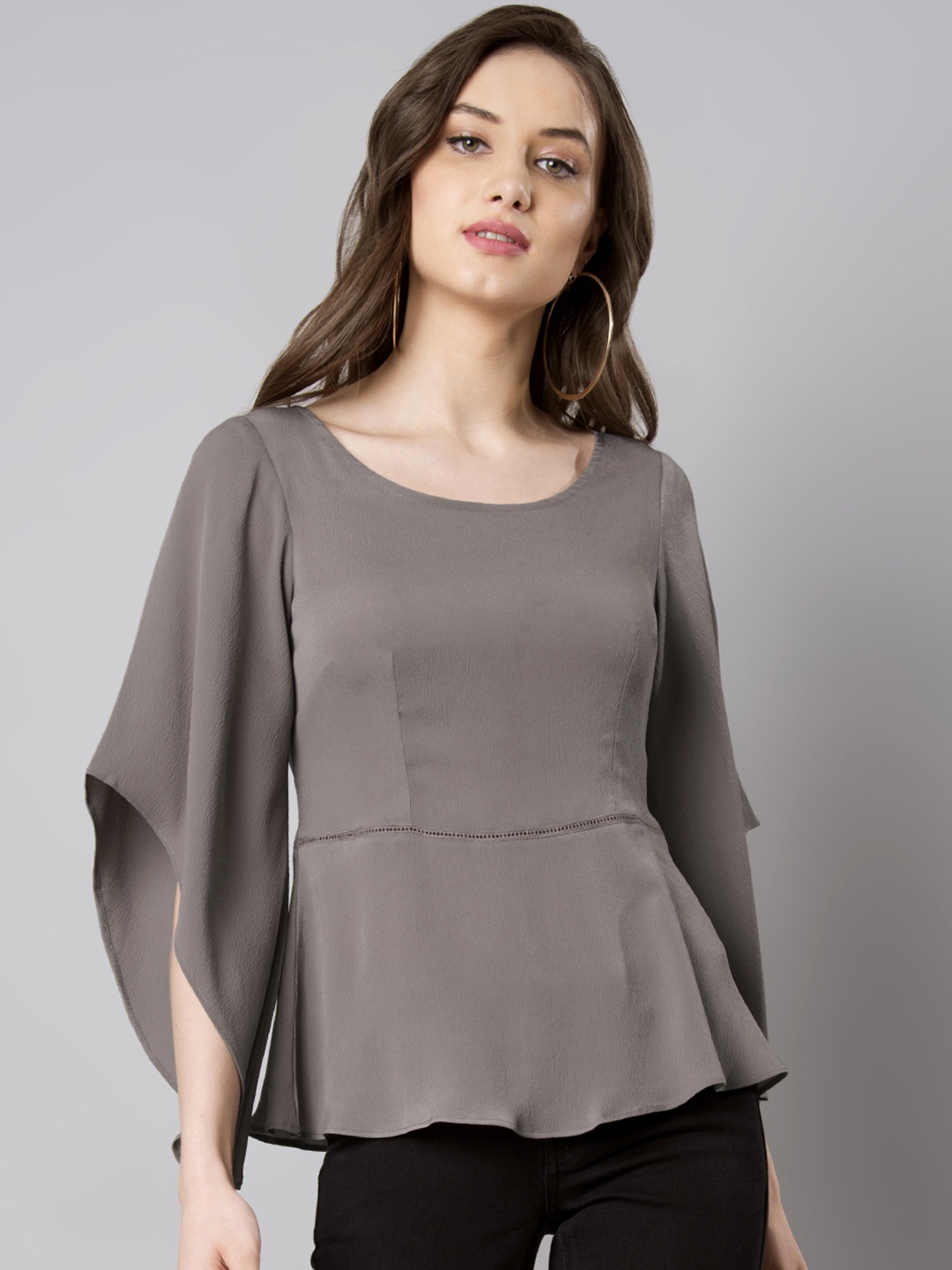 

FabAlley Women Grey Solid Peplum Top
