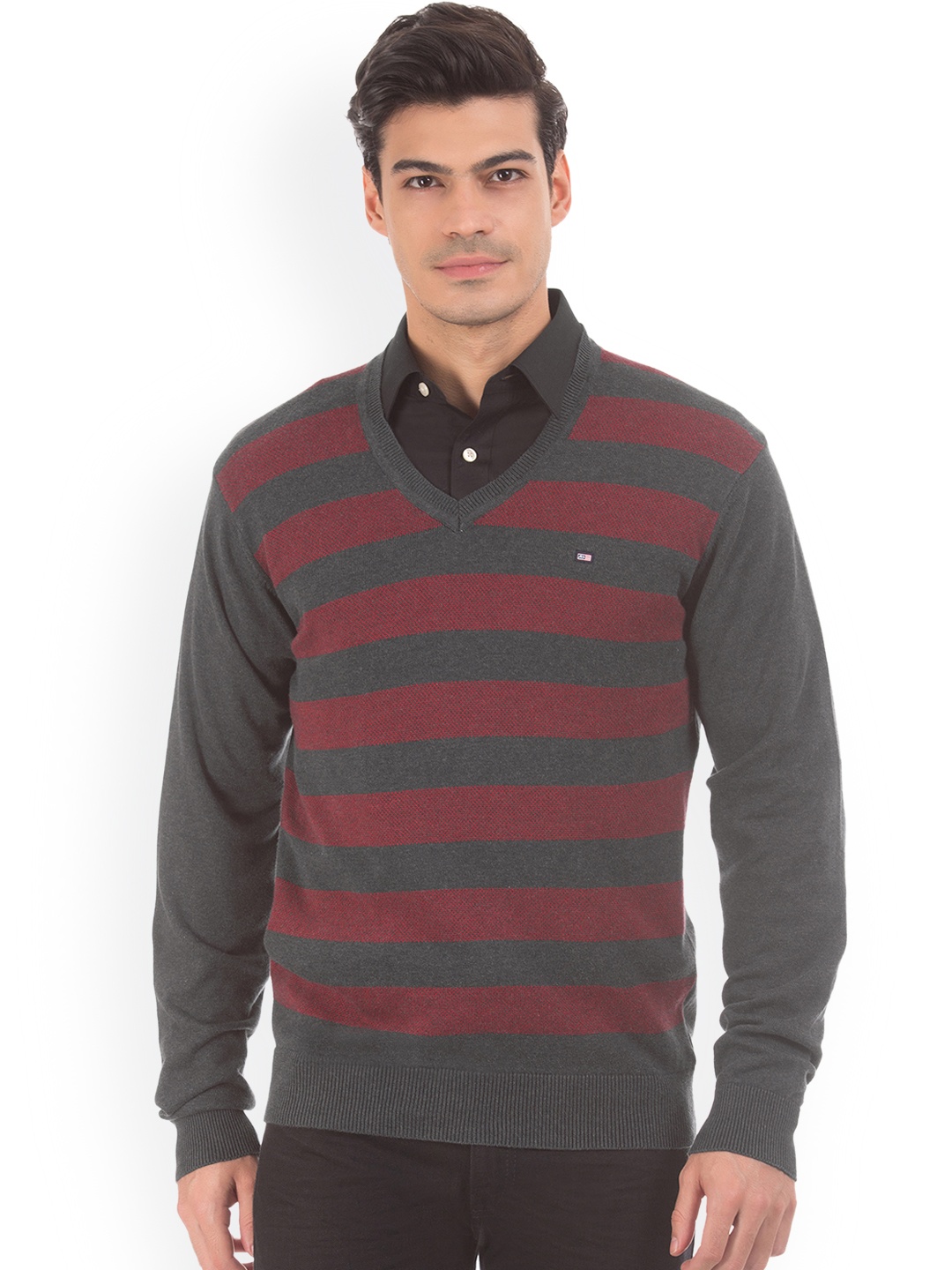 

Arrow Sport Men Grey & Maroon Striped Pullover