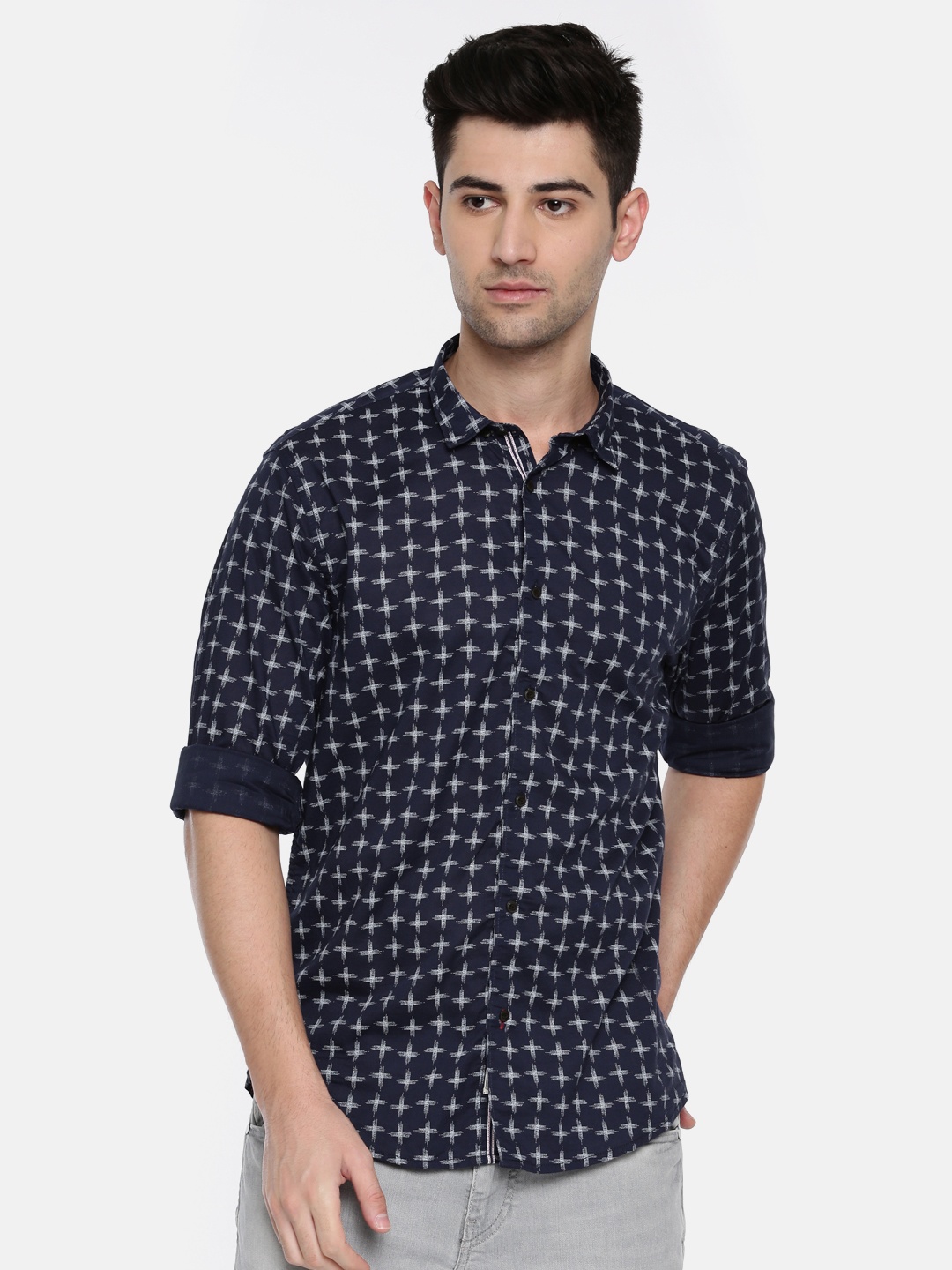 

Blackberrys Men Navy & Off-White Slim Fit Printed Casual Shirt, Navy blue