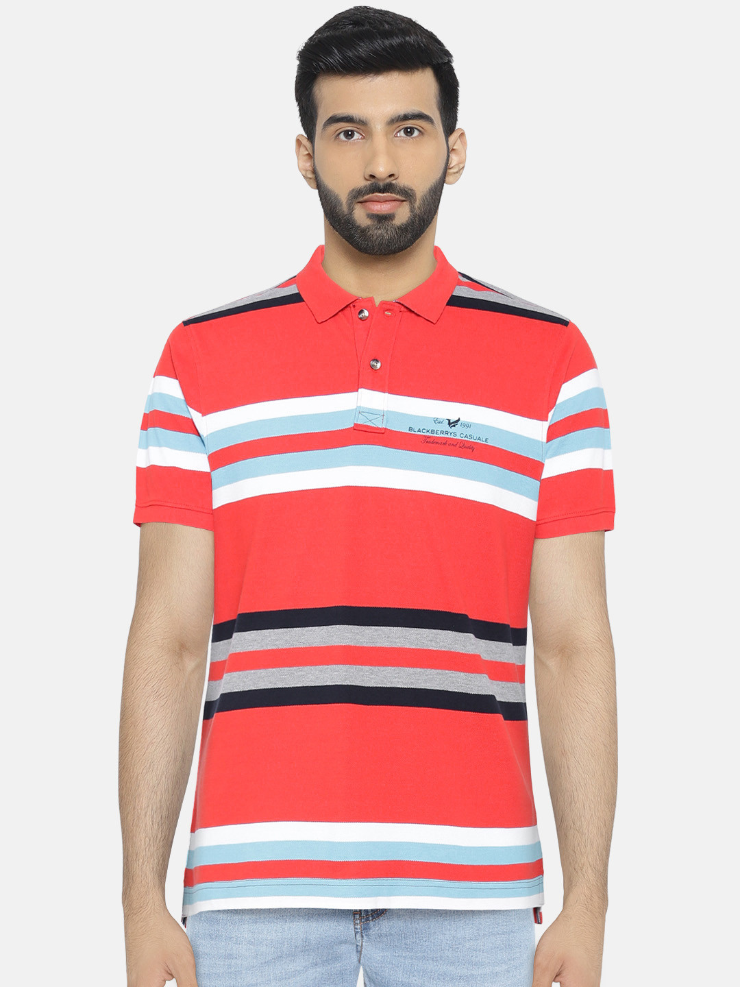

Blackberrys Men Orange Striped Polo Collar Pure Cotton T-shirt