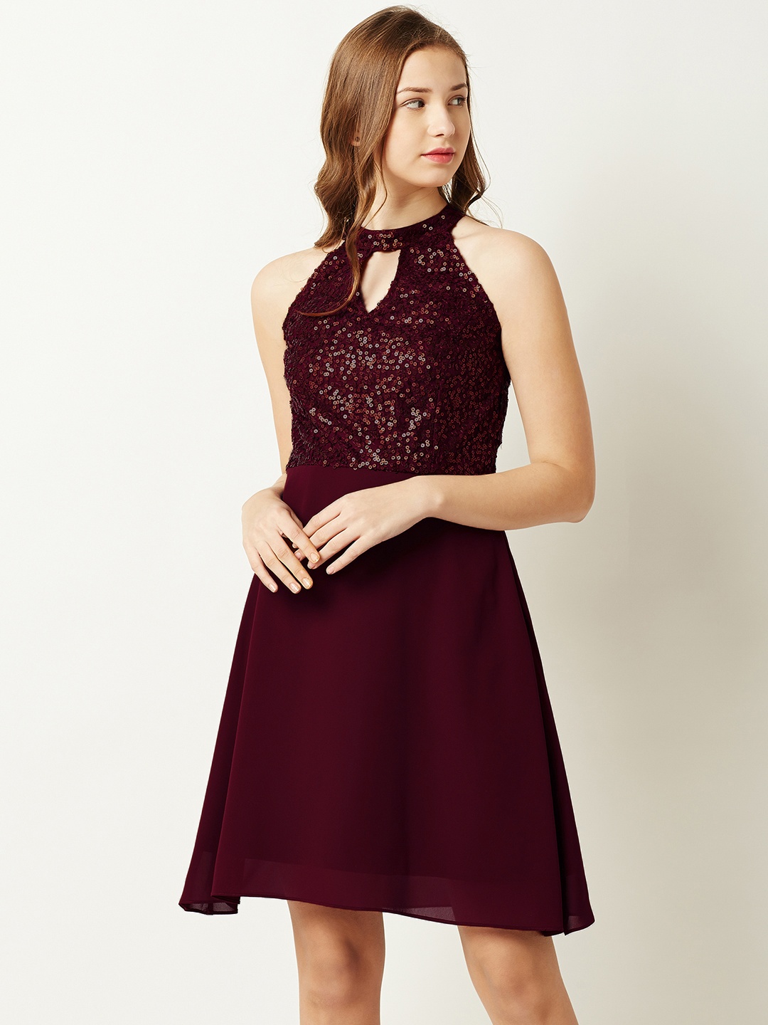 

Miss Chase Women Maroon Embellished Fit and Flare Dress
