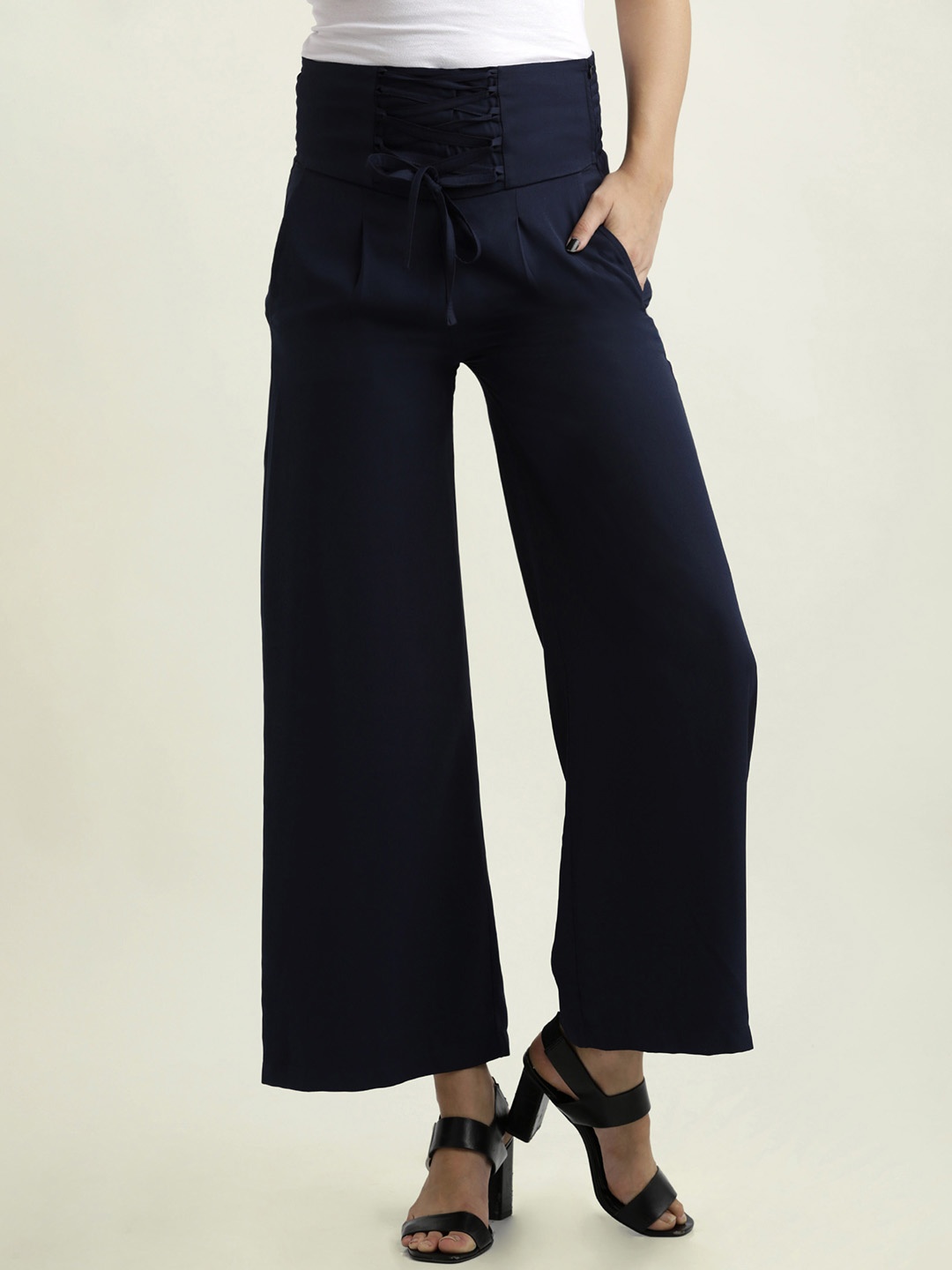 

Miss Chase Women Navy Blue Regular Fit Solid Bootcut Trousers
