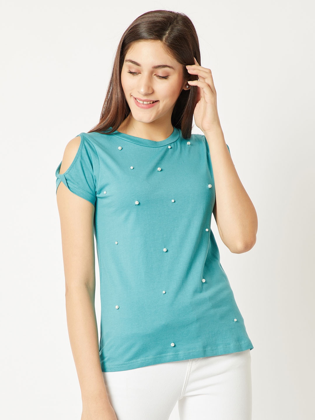 

Miss Chase Women Blue Embellished Pure Cotton Top