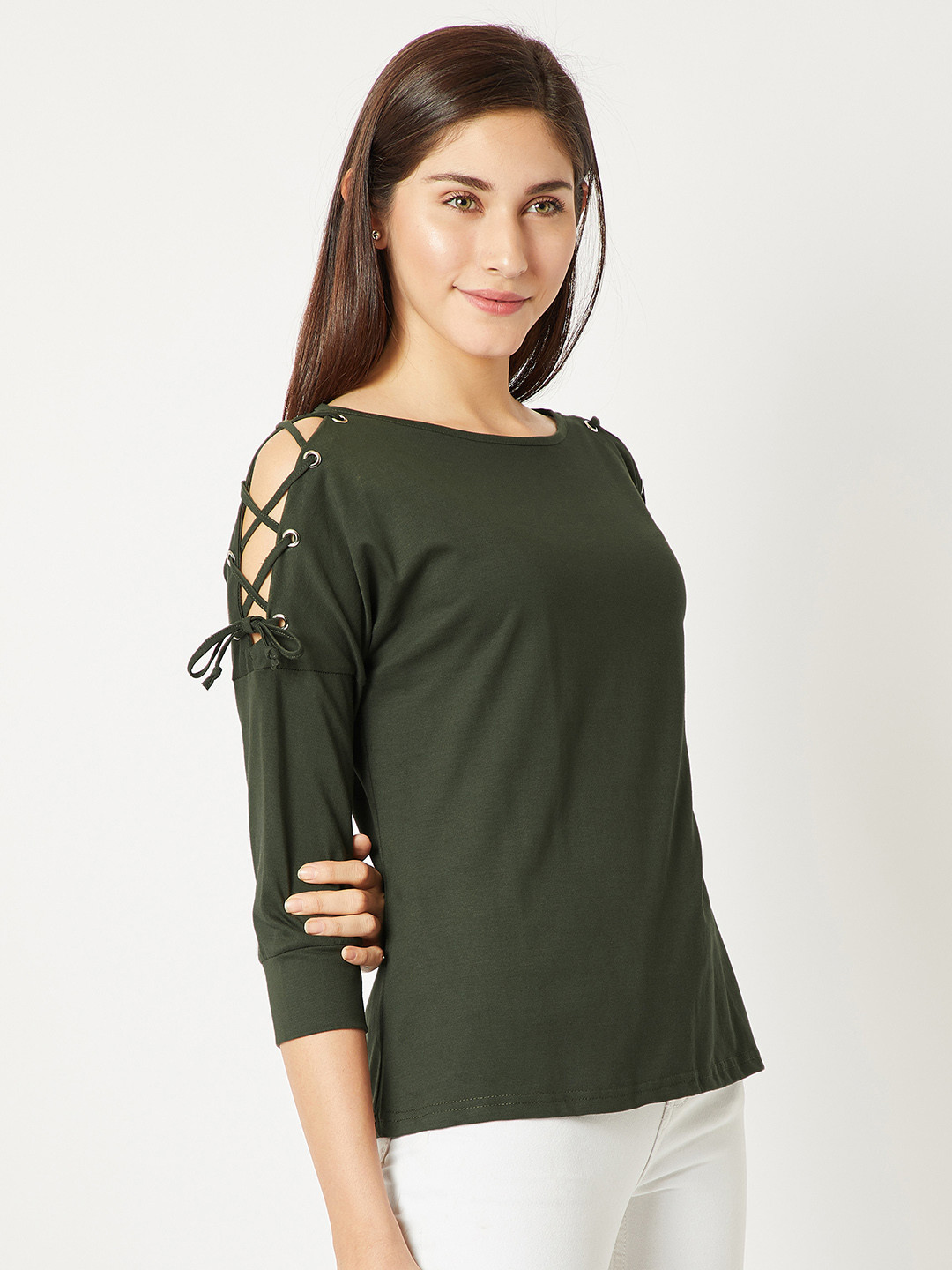 

Miss Chase Women Olive Green Solid Pure Cotton Top