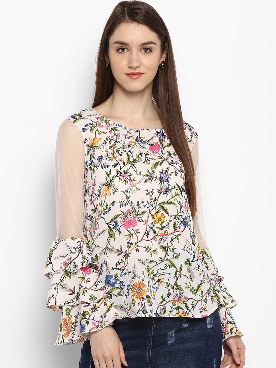 

StyleStone Women Off-White Printed Tiered Top