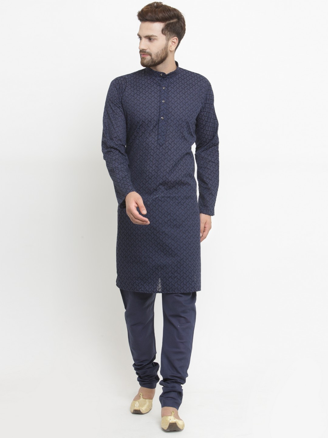 

Jompers Men Navy Blue Embroidered Kurta with Churidar