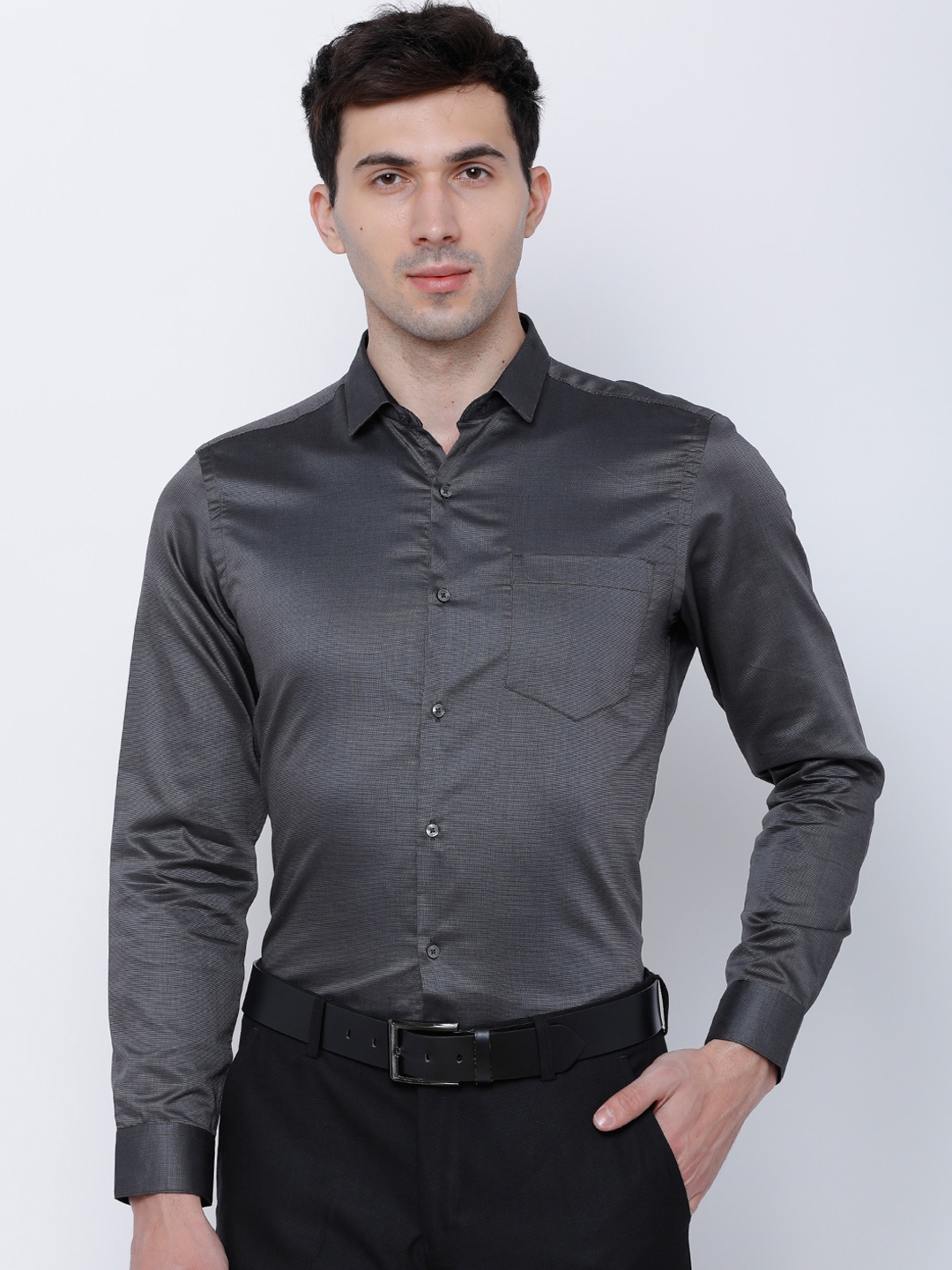 

Black coffee Men Charcoal Slim Fit Solid Formal Shirt