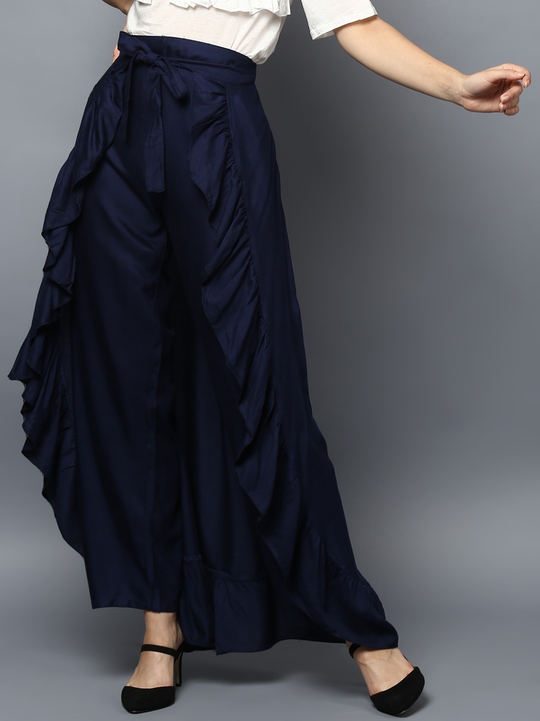 

StyleStone Women Navy Blue Solid Ruffled Flared Maxi Skirt with Attached Trousers