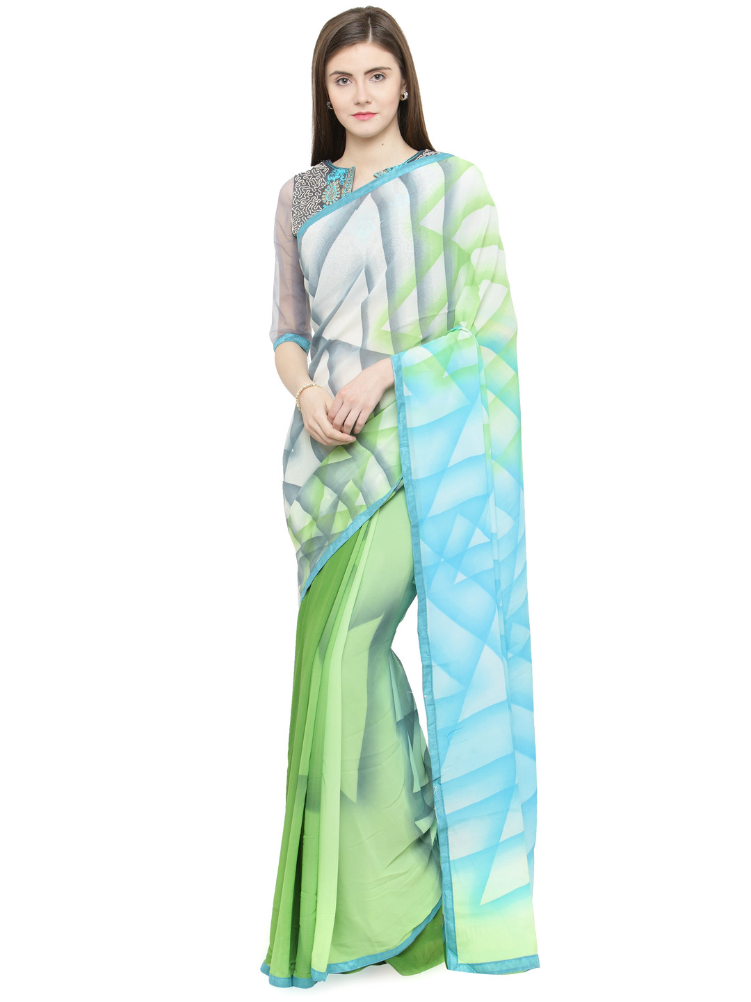 

Shaily Green & Blue Pure Georgette Printed Saree